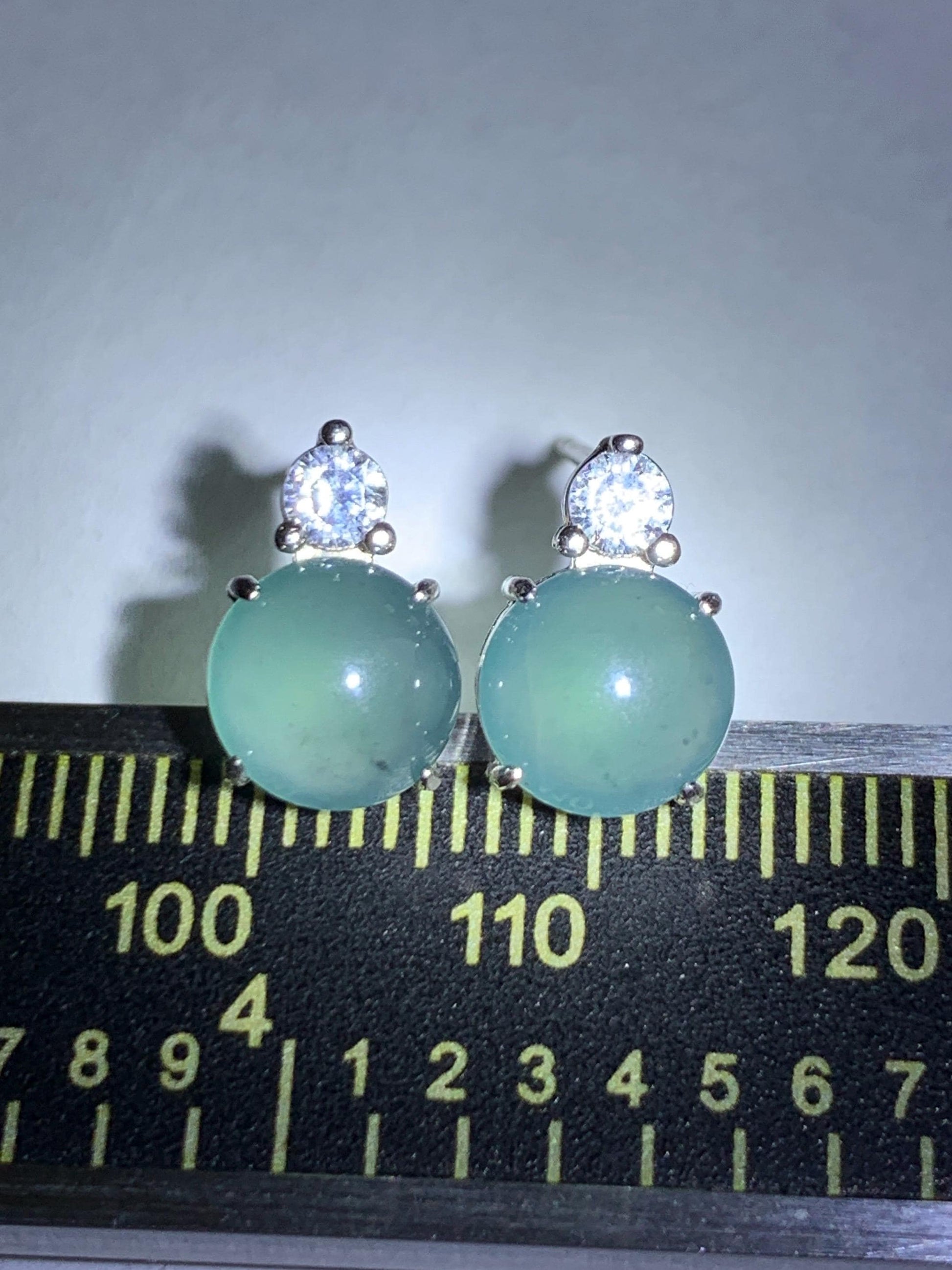 Natural Grade A Guatemalan Icy Highly Translucent Teal Green Jade Jadeite Stud Earrings Sterling Silver 7mm 天然冰危蓝绿翡翠银镶耳钉 DLD77