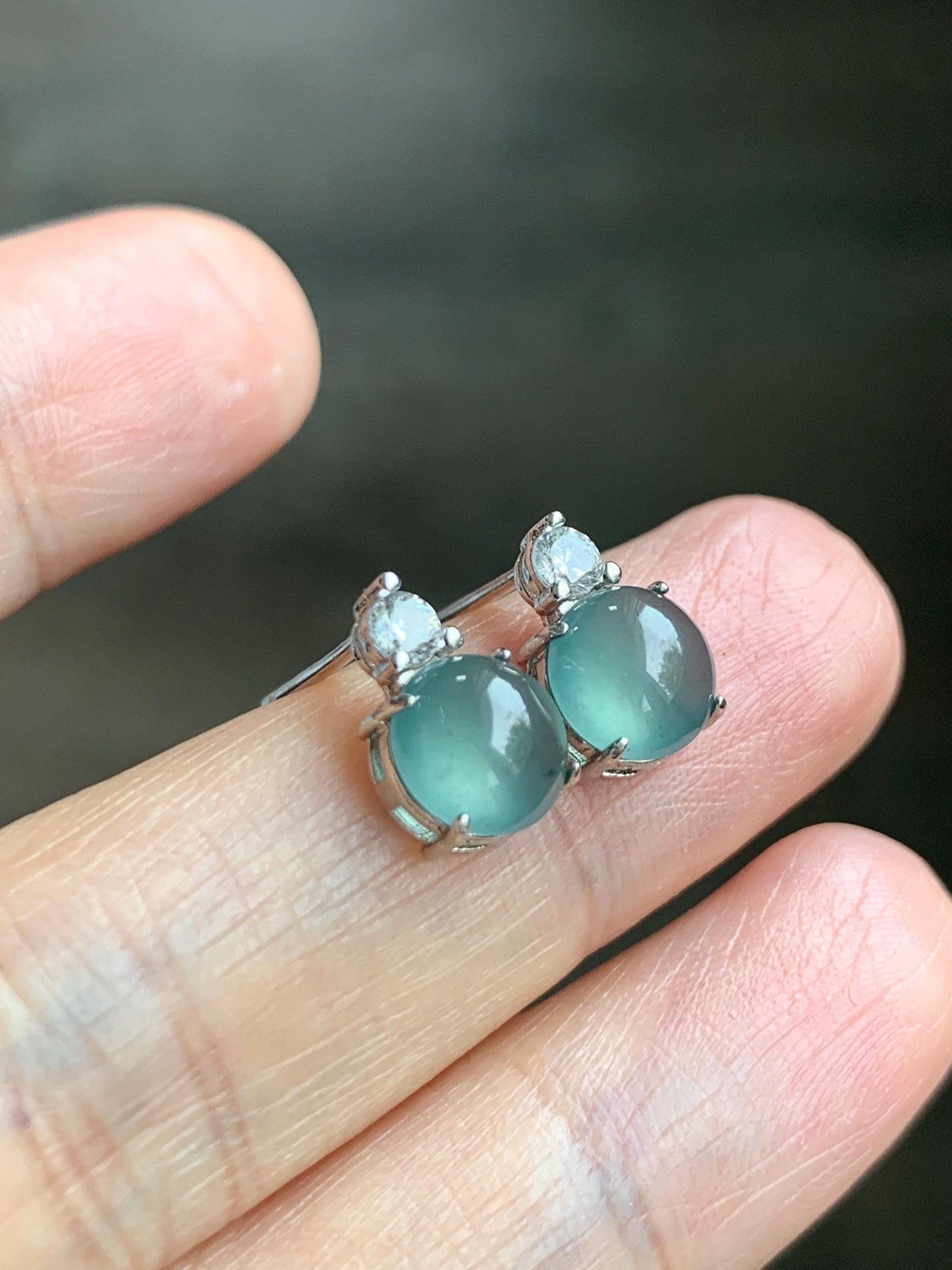 Natural Grade A Guatemalan Icy Highly Translucent Teal Green Jade Jadeite Stud Earrings Sterling Silver 7mm 天然冰危蓝绿翡翠银镶耳钉 DLD77