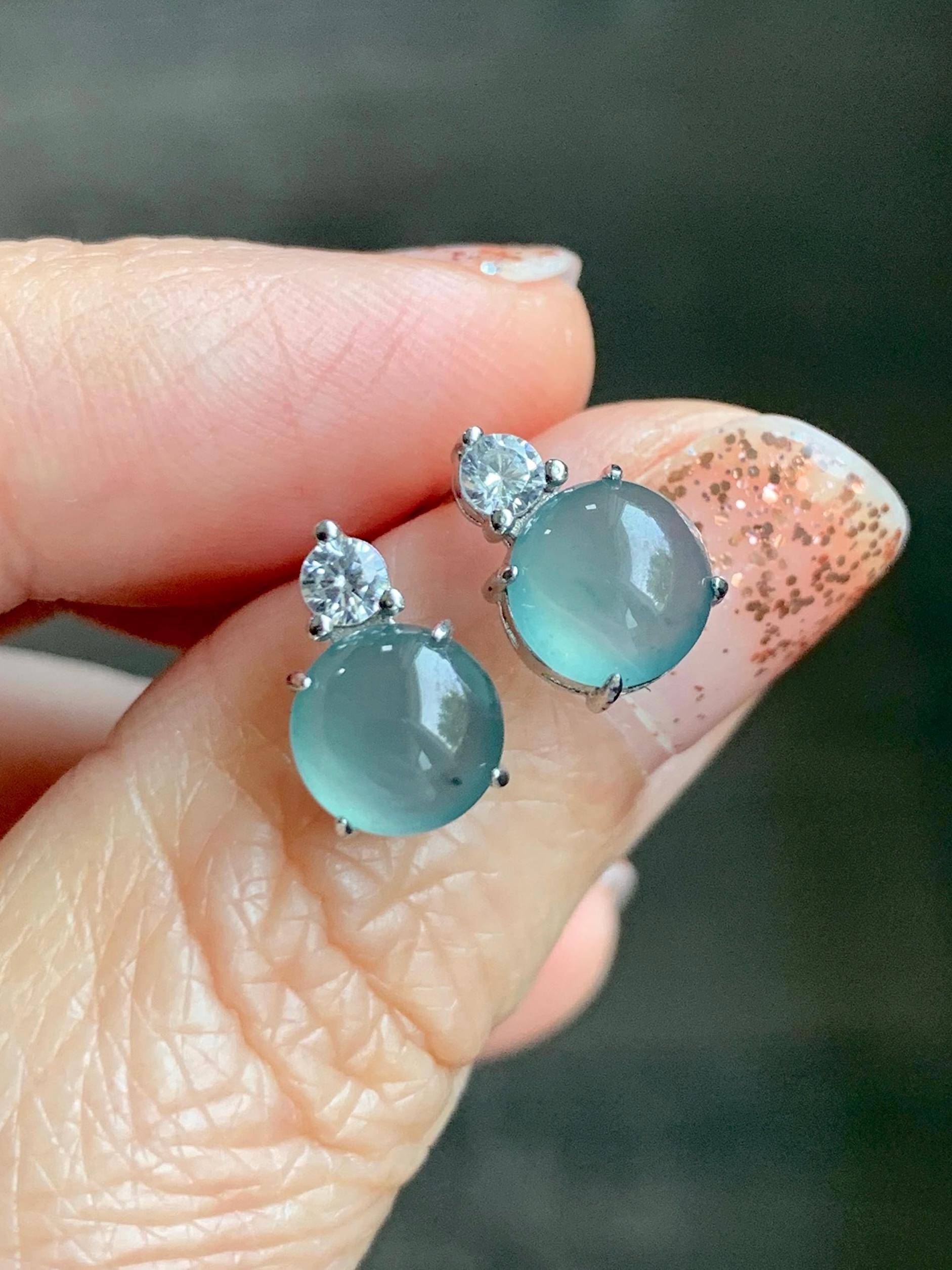 Natural Grade A Guatemalan Icy Highly Translucent Teal Green Jade Jadeite Stud Earrings Sterling Silver 7mm 天然冰危蓝绿翡翠银镶耳钉 DLD77