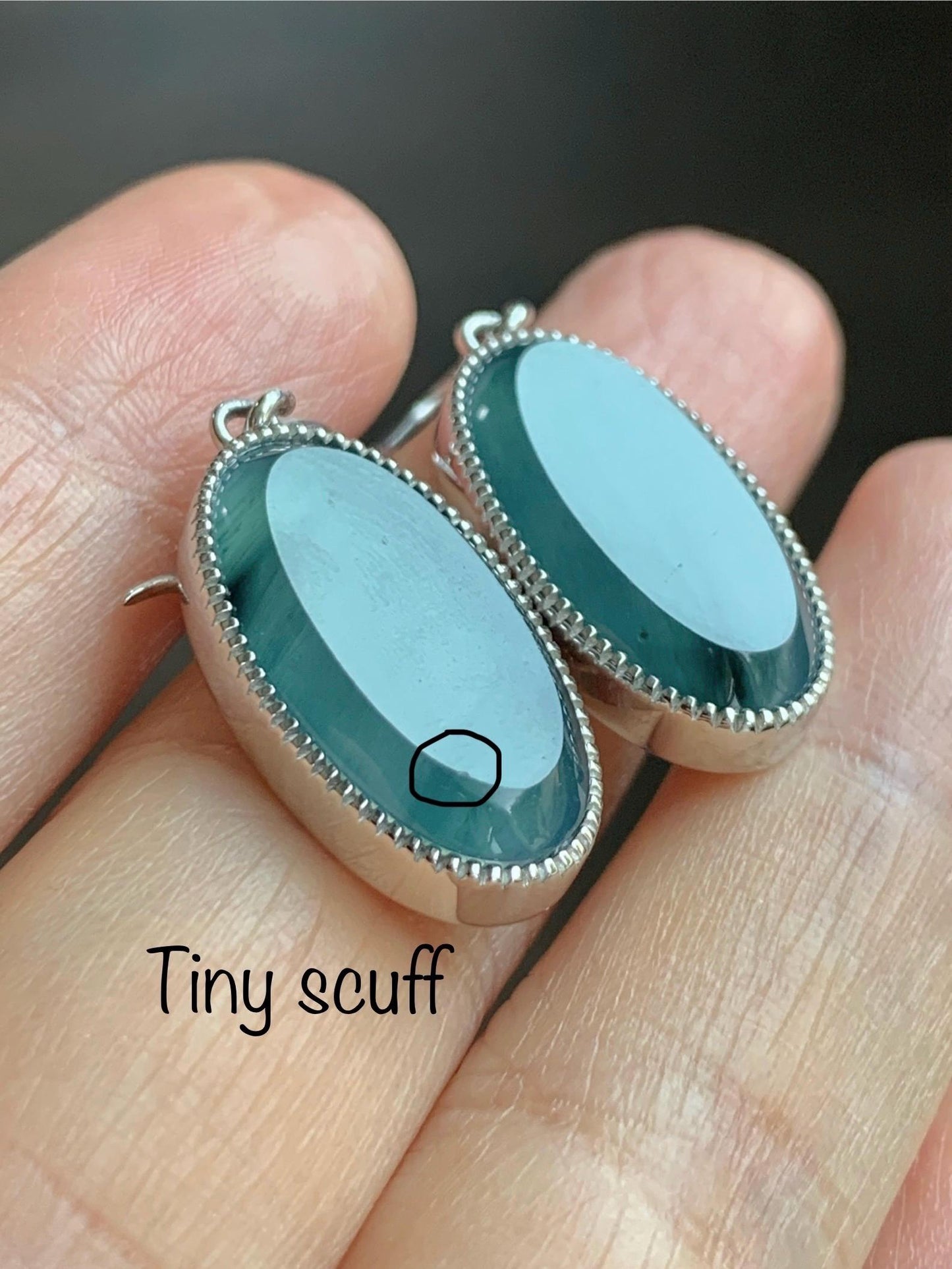 Certified Natural Grade A Guatemalan Icy Translucent Teal Green Marbled Jade Jadeite Oval Dangle Earrings Sterling Silver 天然冰危飘绿翡翠银镶耳钩 178