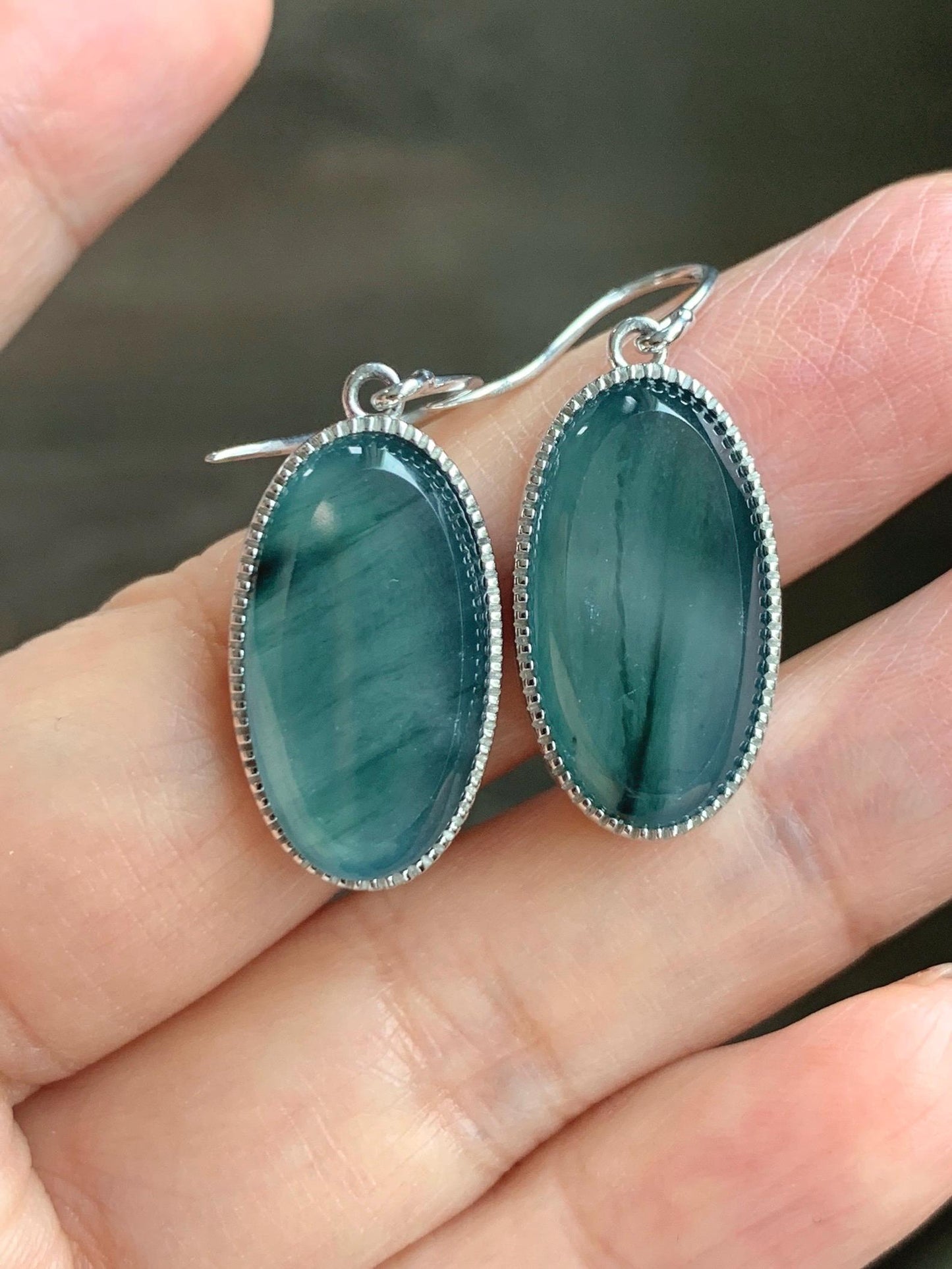 Certified Natural Grade A Guatemalan Icy Translucent Teal Green Marbled Jade Jadeite Oval Dangle Earrings Sterling Silver 天然冰危飘绿翡翠银镶耳钩 178