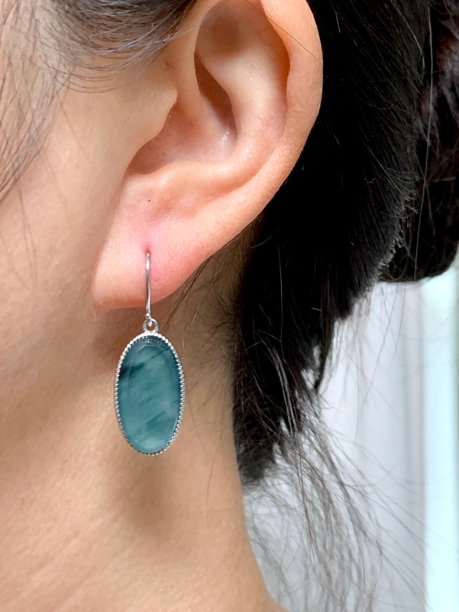 Certified Natural Grade A Guatemalan Icy Translucent Teal Green Marbled Jade Jadeite Oval Dangle Earrings Sterling Silver 天然冰危飘绿翡翠银镶耳钩 178