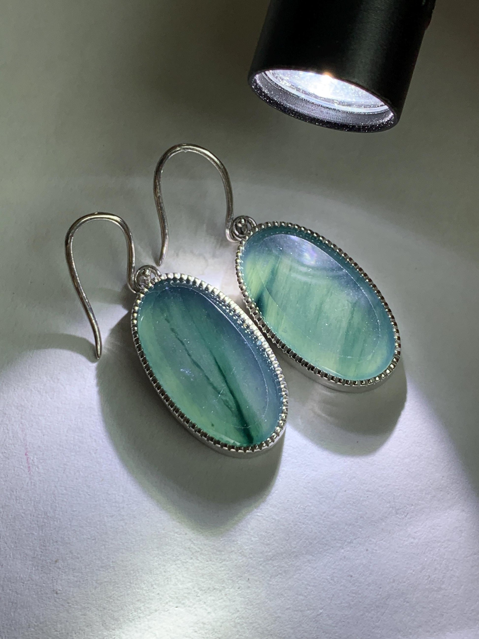 Certified Natural Grade A Guatemalan Icy Translucent Teal Green Marbled Jade Jadeite Oval Dangle Earrings Sterling Silver 天然冰危飘绿翡翠银镶耳钩 178