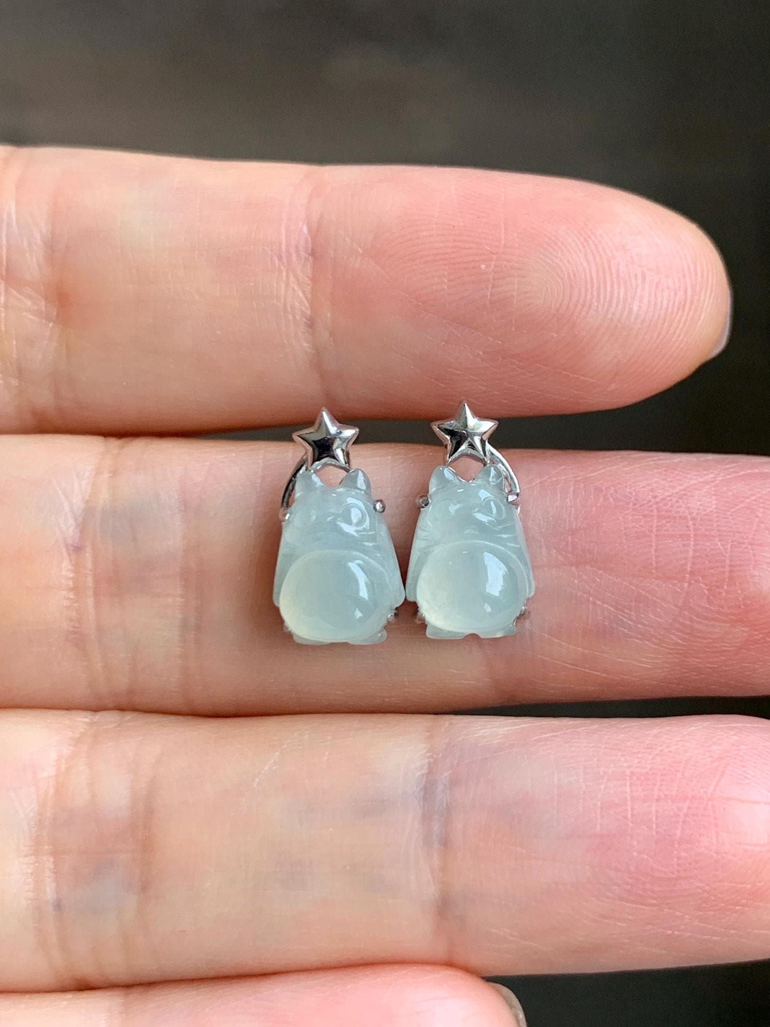 Certified Natural Grade A Icy Translucent White Jade Jadeite Carved Totoro Stud Earrings Sterling Silver 2.14g 天然白冰翡翠龙猫镶嵌耳钉 177