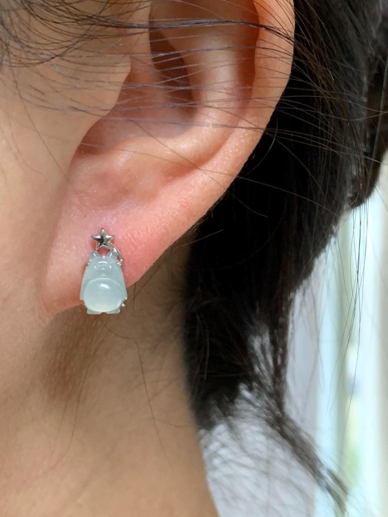 Certified Natural Grade A Icy Translucent White Jade Jadeite Carved Totoro Stud Earrings Sterling Silver 2.14g 天然白冰翡翠龙猫镶嵌耳钉 177