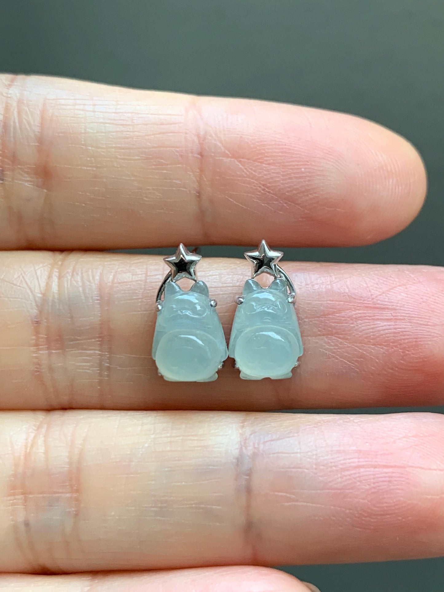 Certified Natural Grade A Icy Translucent White Jade Jadeite Carved Totoro Stud Earrings Sterling Silver 2.14g 天然白冰翡翠龙猫镶嵌耳钉 177