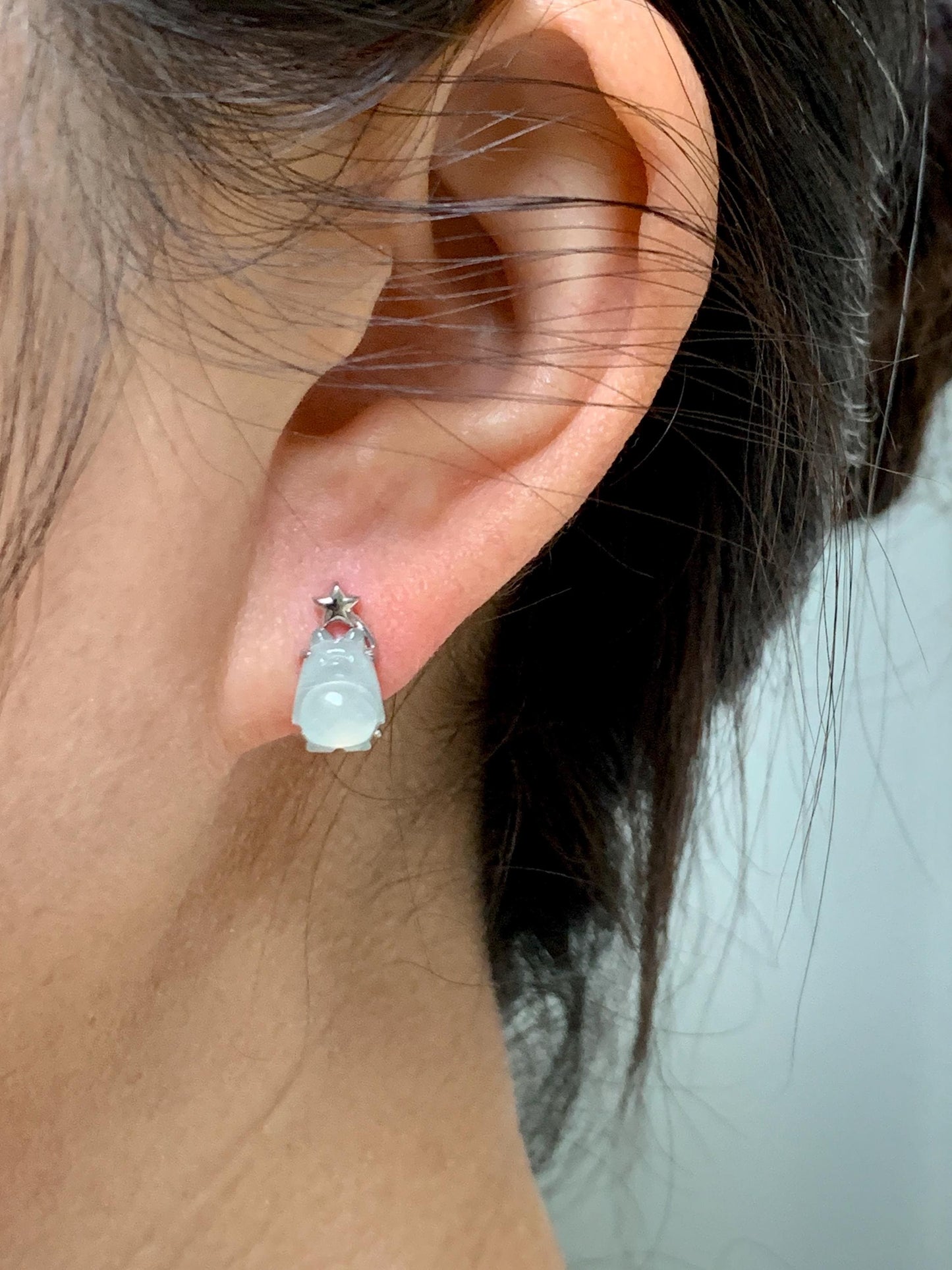 Certified Natural Grade A Icy Translucent White Jade Jadeite Carved Totoro Stud Earrings Sterling Silver 2.14g 天然白冰翡翠龙猫镶嵌耳钉 177