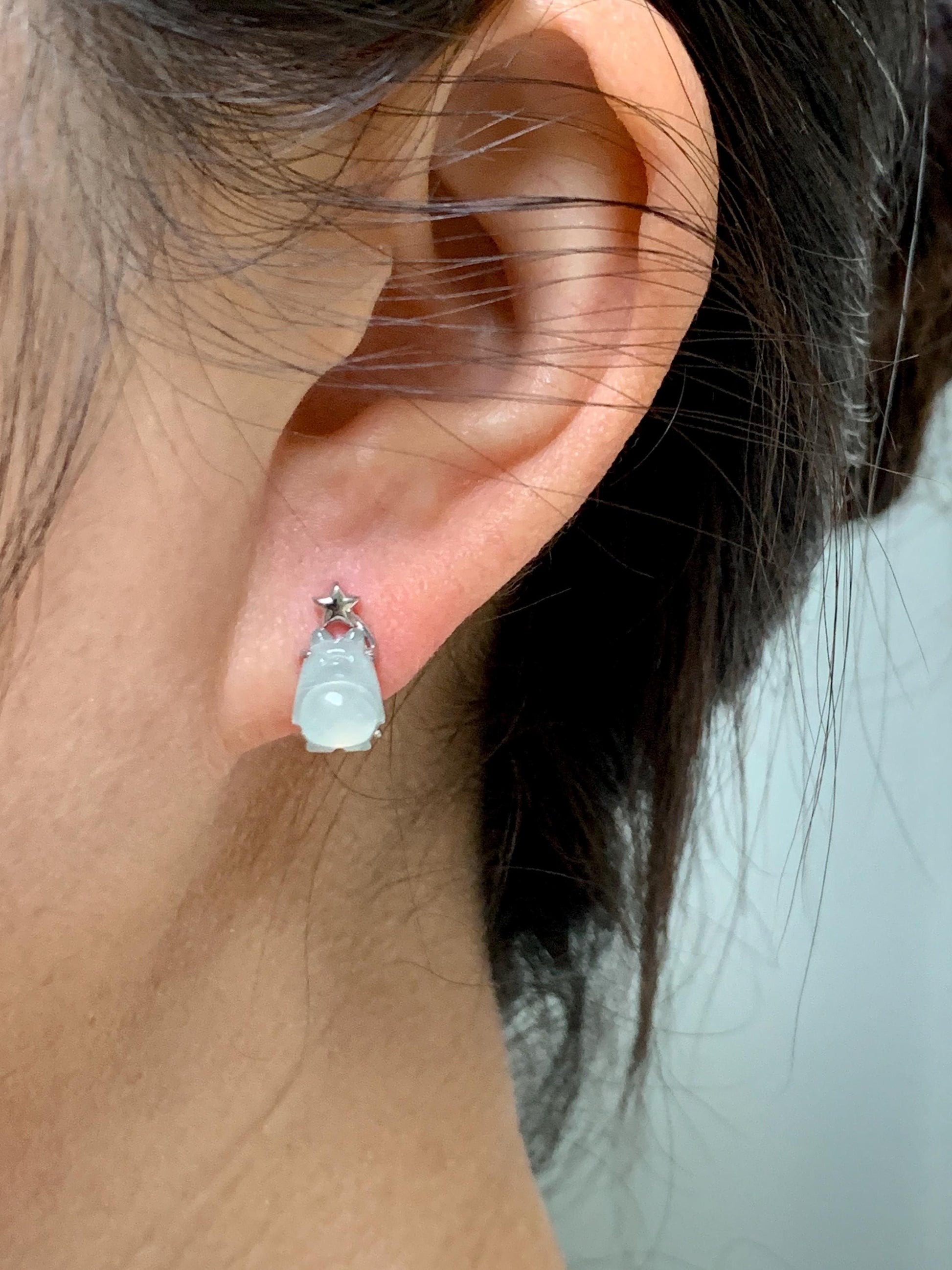 Certified Natural Grade A Icy Translucent White Jade Jadeite Carved Totoro Stud Earrings Sterling Silver 2.14g 天然白冰翡翠龙猫镶嵌耳钉 177