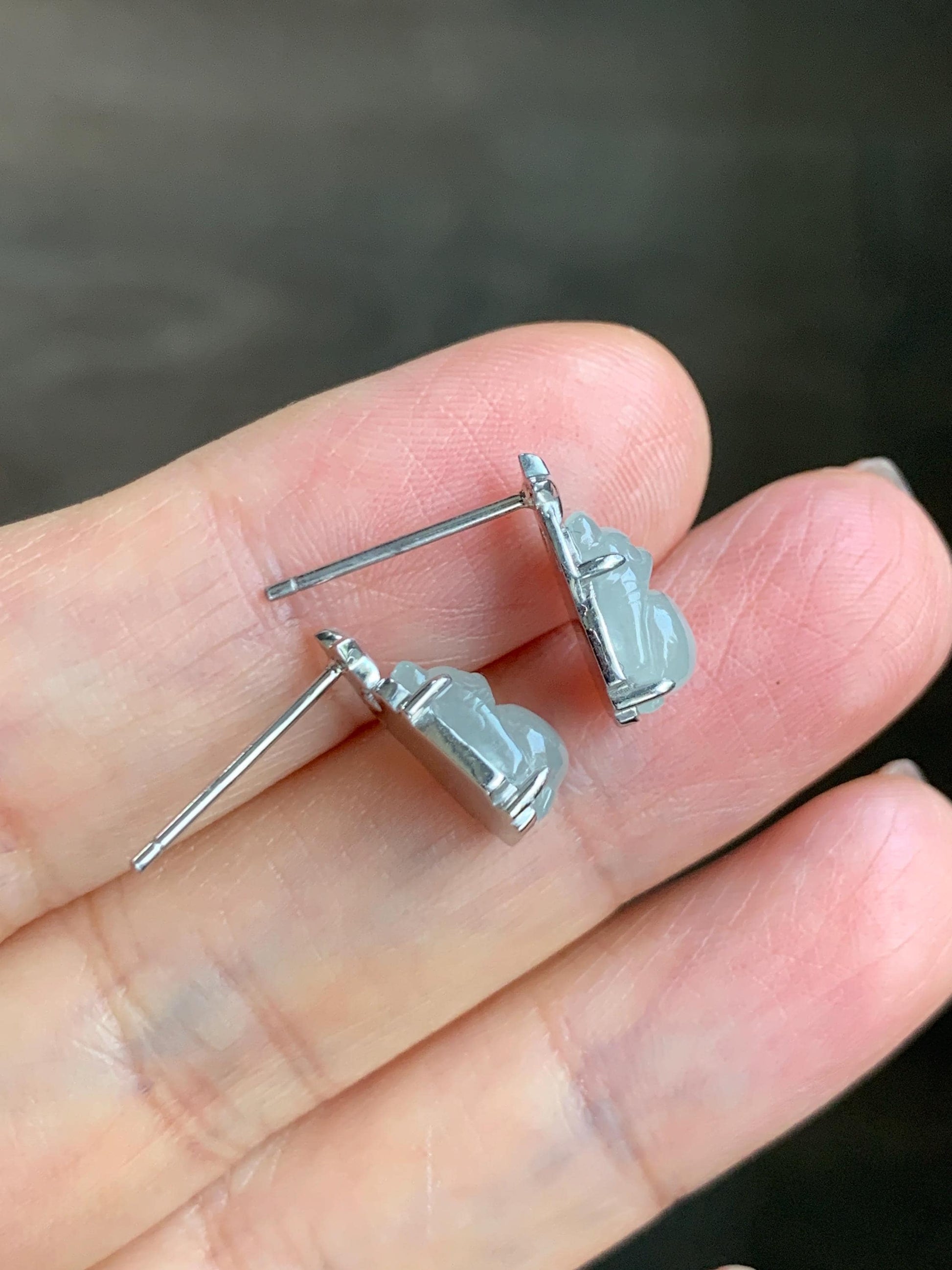 Certified Natural Grade A Icy Translucent White Jade Jadeite Carved Totoro Stud Earrings Sterling Silver 2.14g 天然白冰翡翠龙猫镶嵌耳钉 177