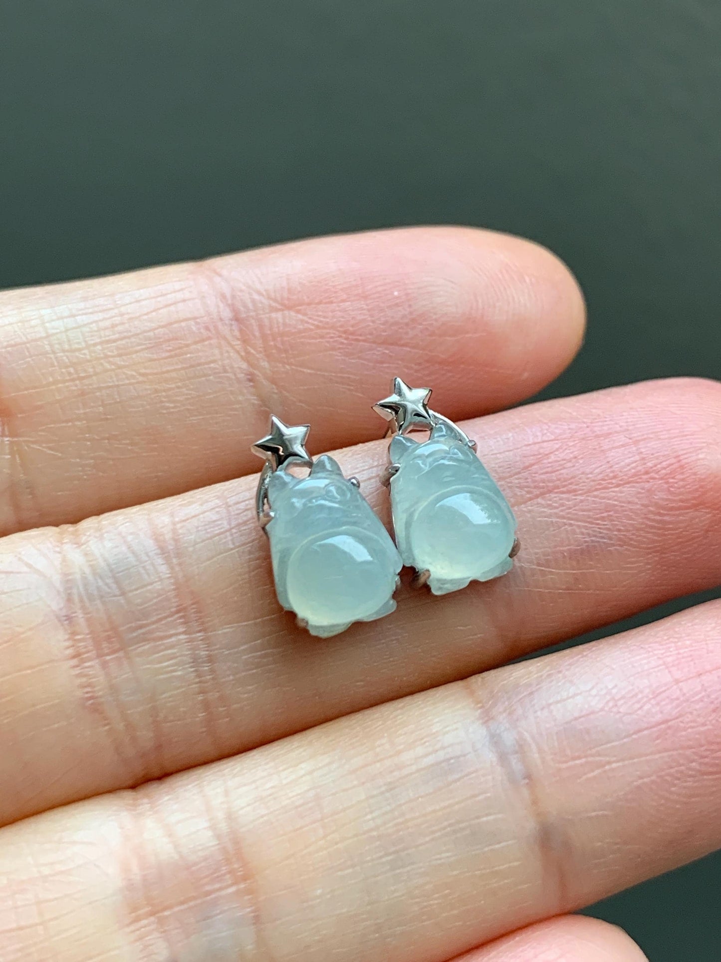 Certified Natural Grade A Icy Translucent White Jade Jadeite Carved Totoro Stud Earrings Sterling Silver 2.14g 天然白冰翡翠龙猫镶嵌耳钉 177