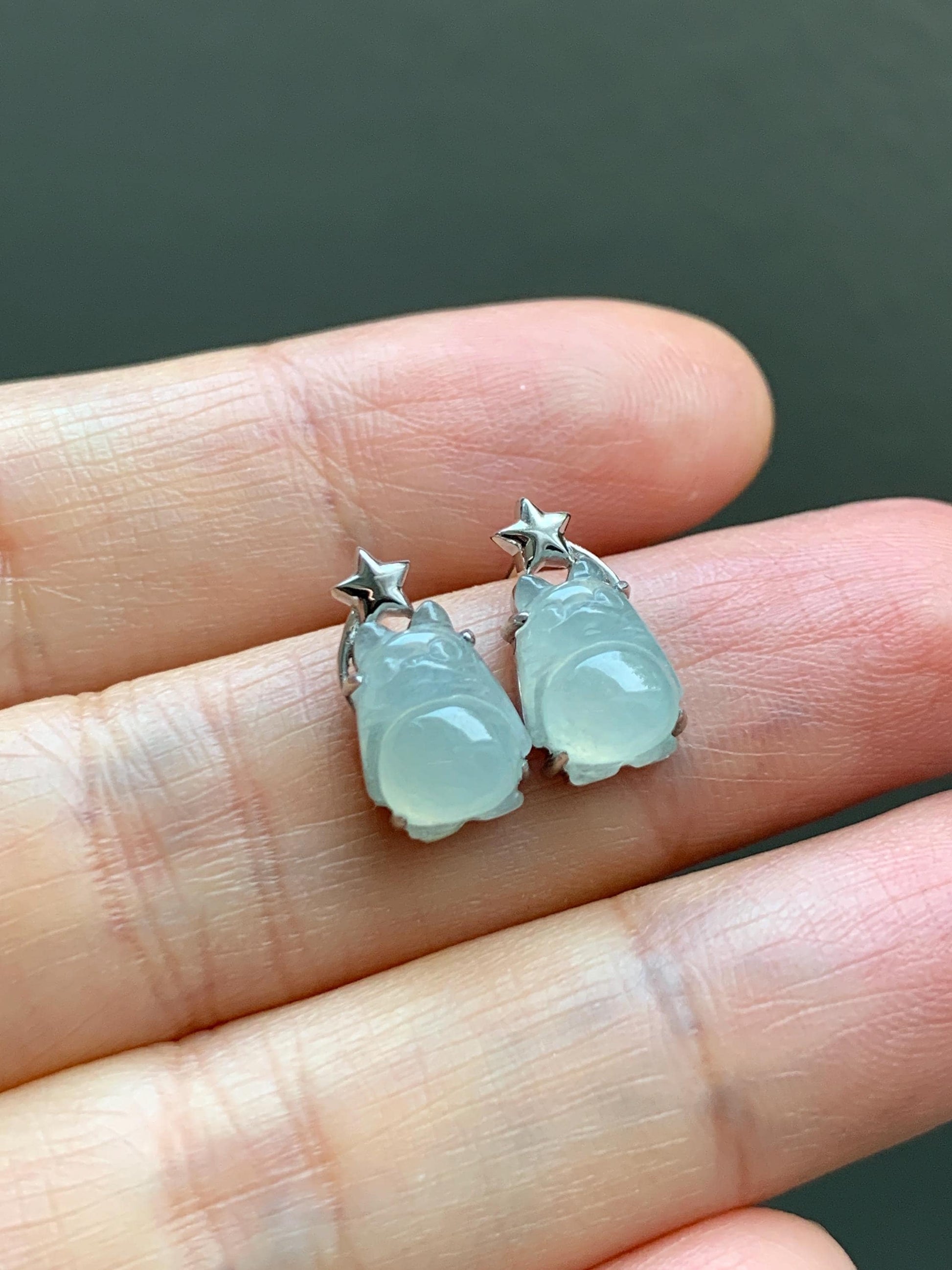 Certified Natural Grade A Icy Translucent White Jade Jadeite Carved Totoro Stud Earrings Sterling Silver 2.14g 天然白冰翡翠龙猫镶嵌耳钉 177