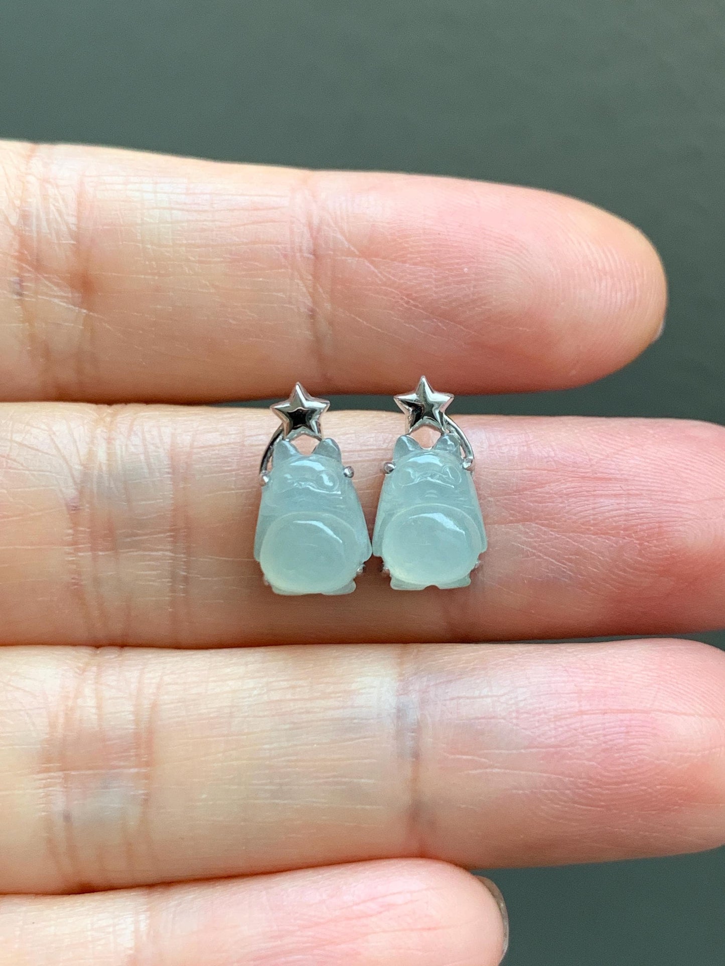 Certified Natural Grade A Icy Translucent White Jade Jadeite Carved Totoro Stud Earrings Sterling Silver 2.14g 天然白冰翡翠龙猫镶嵌耳钉 177