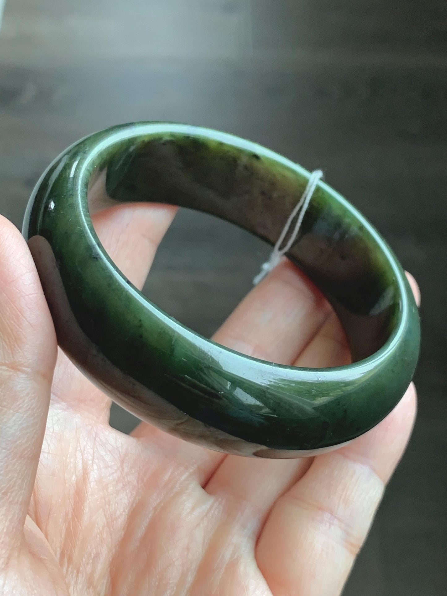 Certified Natural Nephrite Jade Translucent Dark Green Bangle Bracelet 58.29mm 7.2” 77.26g 天然和田玉轮胎宽手镯 147