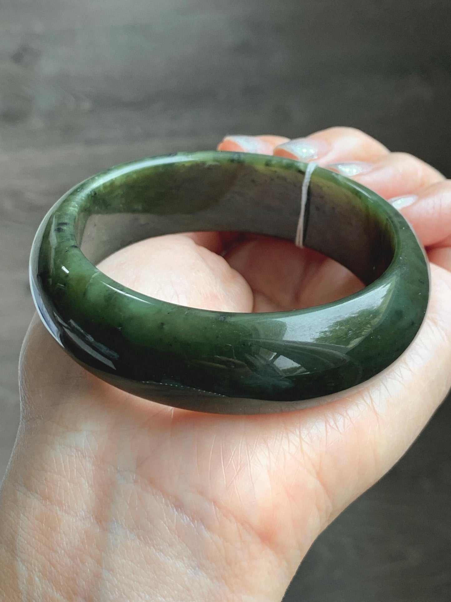 Certified Natural Nephrite Jade Translucent Dark Green Bangle Bracelet 58.29mm 7.2” 77.26g 天然和田玉轮胎宽手镯 147