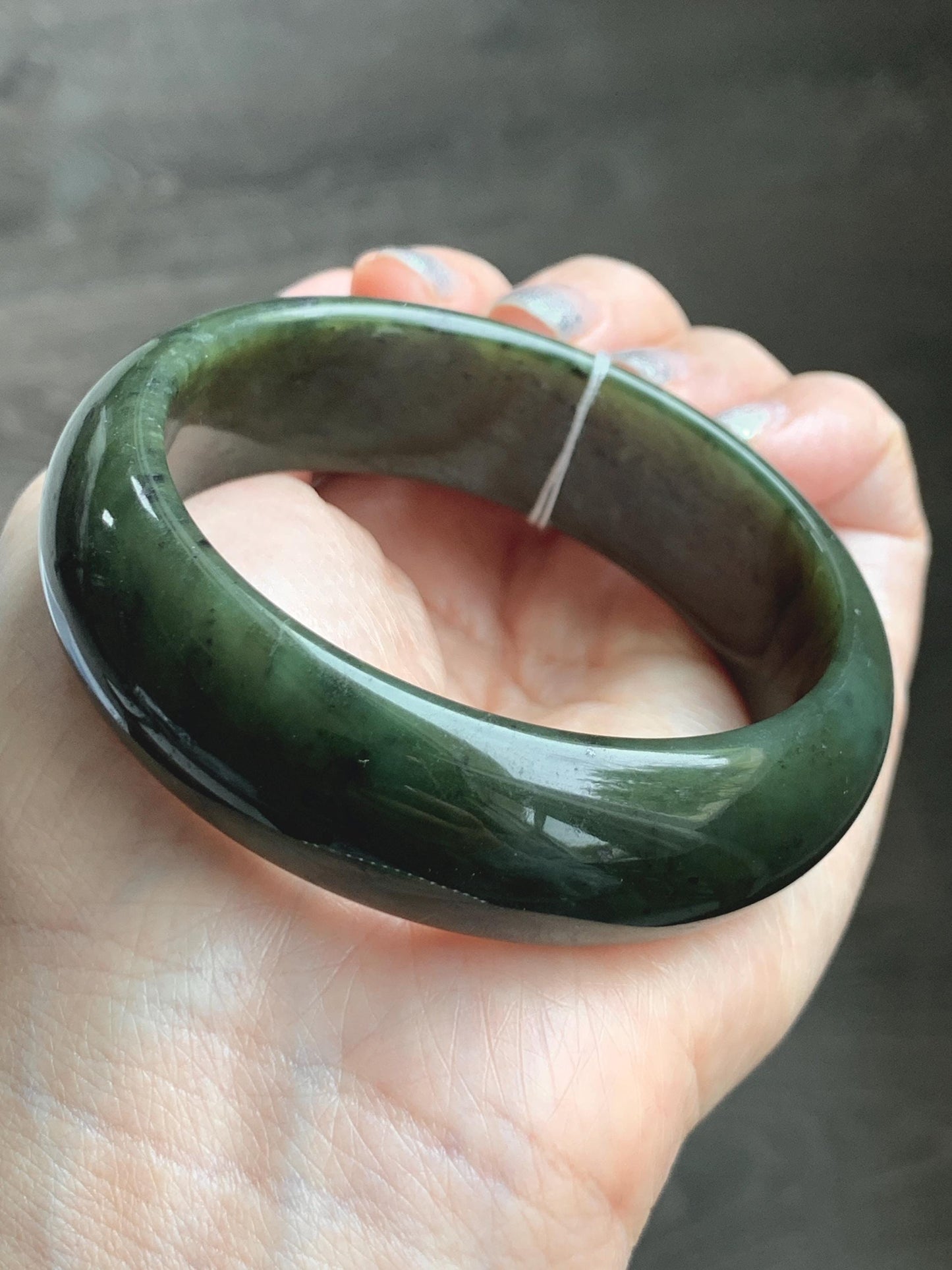 Certified Natural Nephrite Jade Translucent Dark Green Bangle Bracelet 58.29mm 7.2” 77.26g 天然和田玉轮胎宽手镯 147