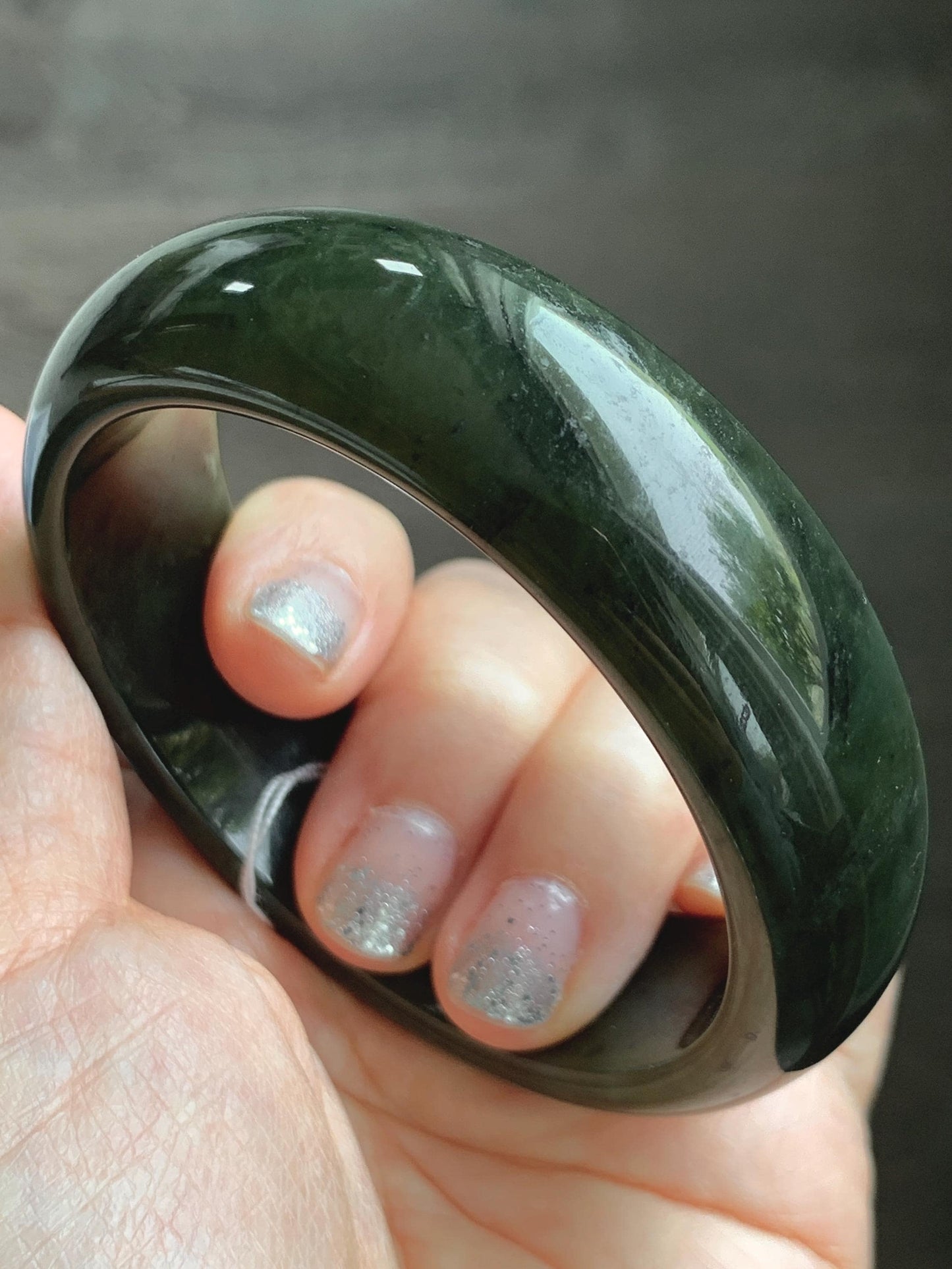 Certified Natural Nephrite Jade Translucent Dark Green Bangle Bracelet 58.29mm 7.2” 77.26g 天然和田玉轮胎宽手镯 147