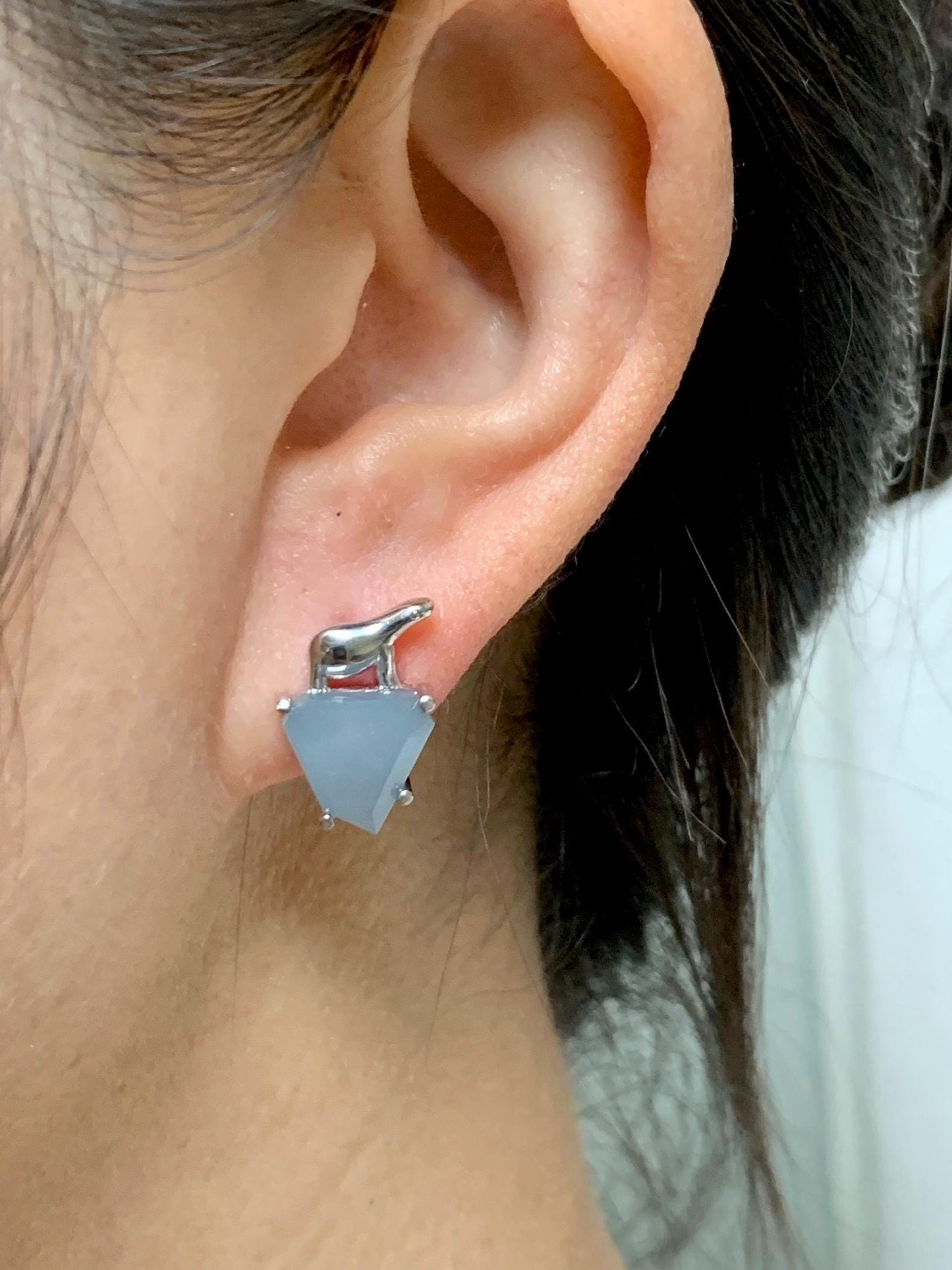 Certified Natural Grade A Guatemalan Icy Translucent Dusty Blue Jade Jadeite Glacier Stud Earrings Sterling Silver 3.85g 天然冰危浅蓝紫翡翠冰川款镶嵌耳钉176