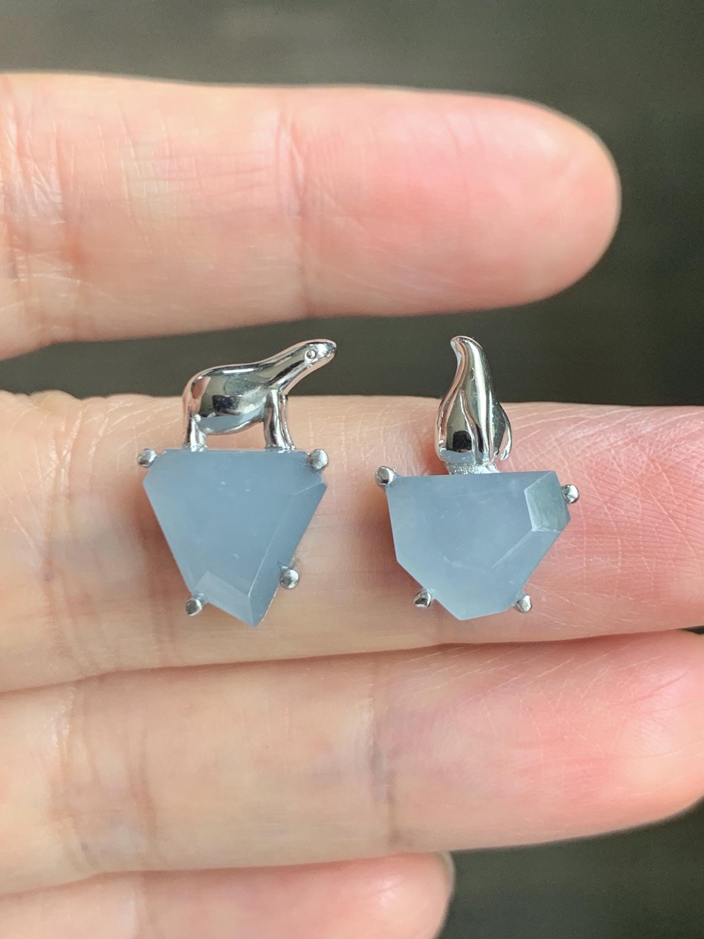 Certified Natural Grade A Guatemalan Icy Translucent Dusty Blue Jade Jadeite Glacier Stud Earrings Sterling Silver 3.85g 天然冰危浅蓝紫翡翠冰川款镶嵌耳钉176