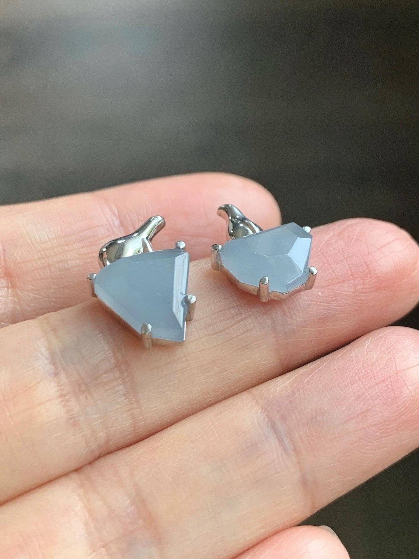 Certified Natural Grade A Guatemalan Icy Translucent Dusty Blue Jade Jadeite Glacier Stud Earrings Sterling Silver 3.85g 天然冰危浅蓝紫翡翠冰川款镶嵌耳钉176