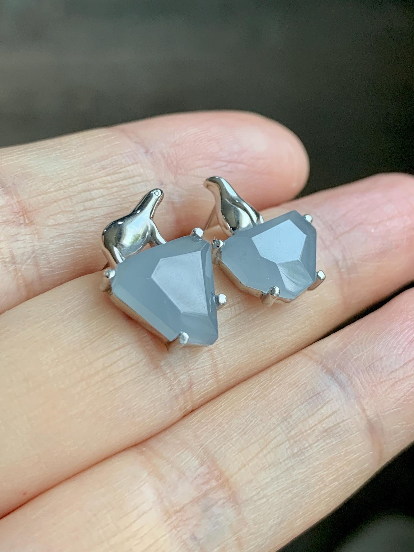 Certified Natural Grade A Guatemalan Icy Translucent Dusty Blue Jade Jadeite Glacier Stud Earrings Sterling Silver 3.85g 天然冰危浅蓝紫翡翠冰川款镶嵌耳钉176