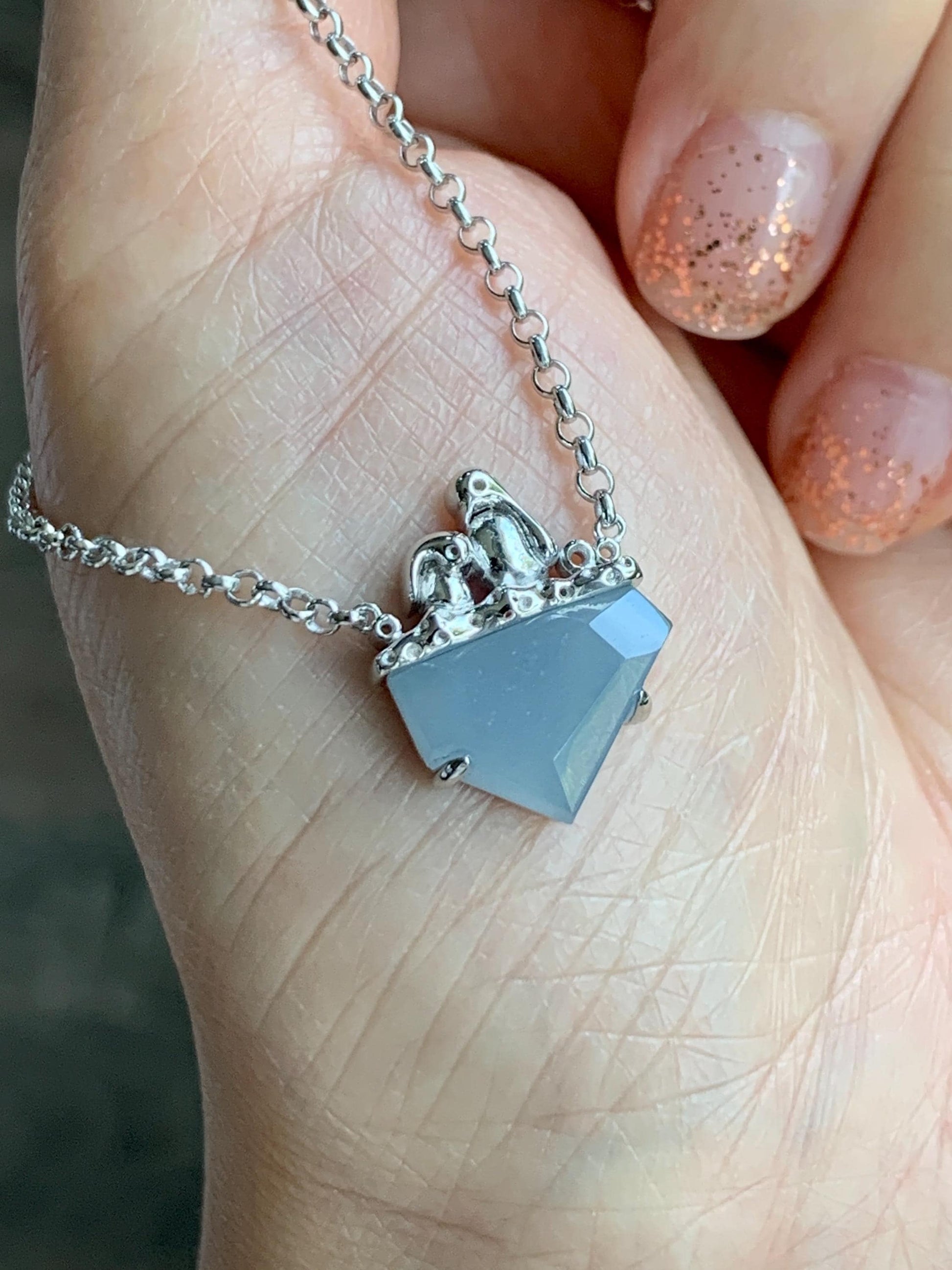 Certified Natural Grade A Guatemalan Icy Translucent Dusty Blue Jade Jadeite Glacier Necklace Sterling Silver 16-17.5” 天然冰危浅蓝紫翡翠冰川款镶嵌项链175
