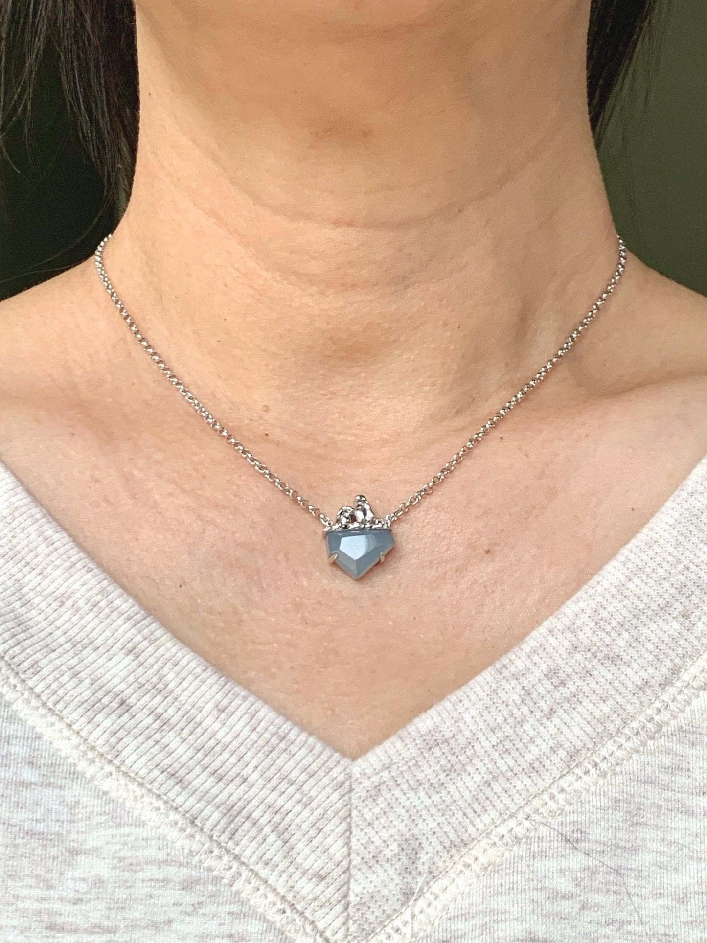 Certified Natural Grade A Guatemalan Icy Translucent Dusty Blue Jade Jadeite Glacier Necklace Sterling Silver 16-17.5” 天然冰危浅蓝紫翡翠冰川款镶嵌项链175