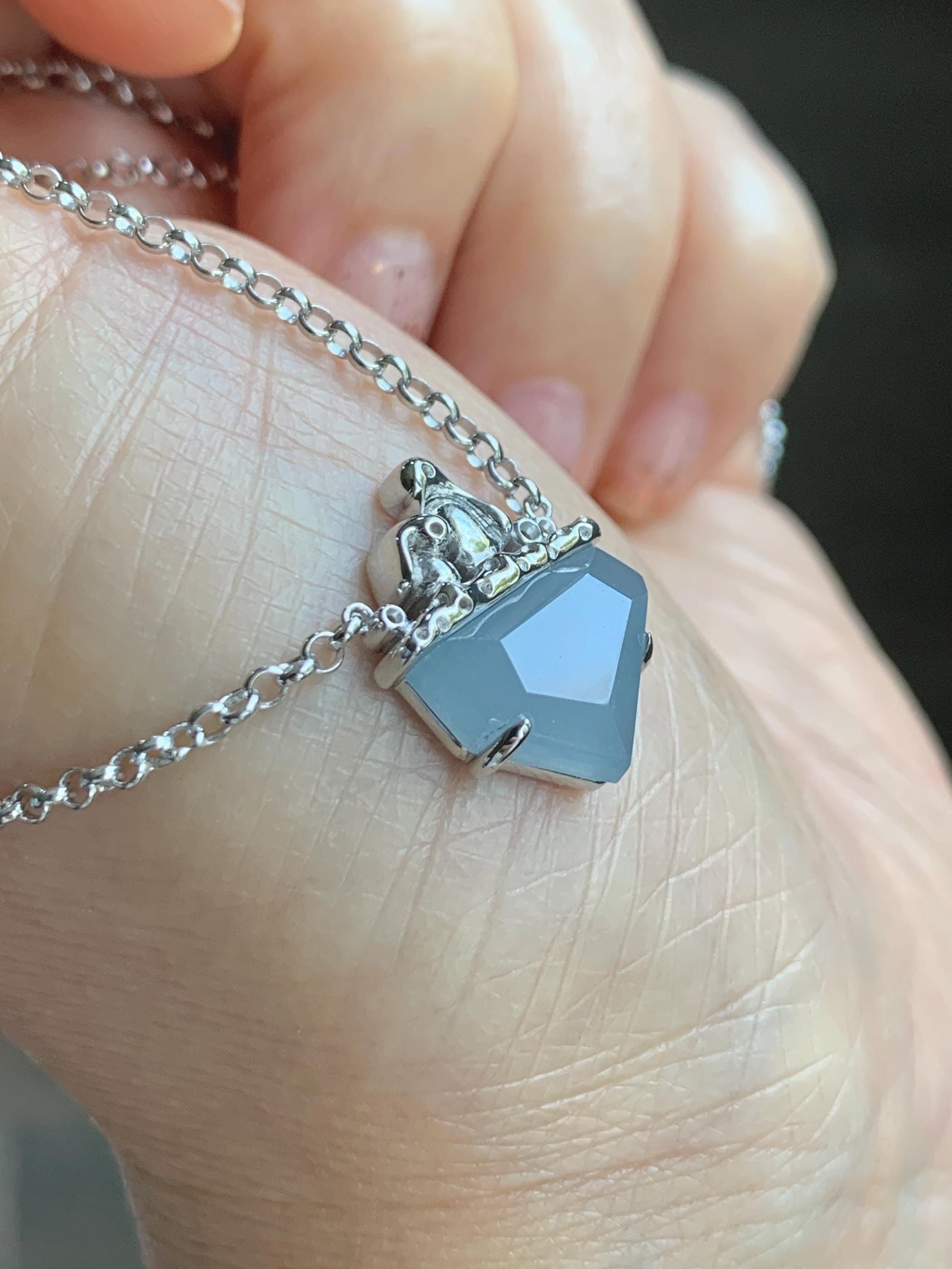 Certified Natural Grade A Guatemalan Icy Translucent Dusty Blue Jade Jadeite Glacier Necklace Sterling Silver 16-17.5” 天然冰危浅蓝紫翡翠冰川款镶嵌项链175