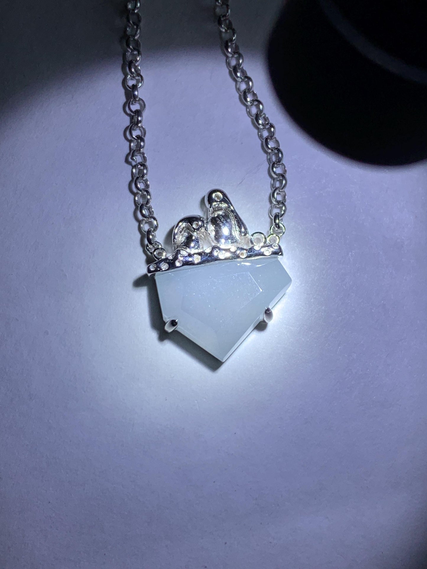 Certified Natural Grade A Guatemalan Icy Translucent Dusty Blue Jade Jadeite Glacier Necklace Sterling Silver 16-17.5” 天然冰危浅蓝紫翡翠冰川款镶嵌项链175