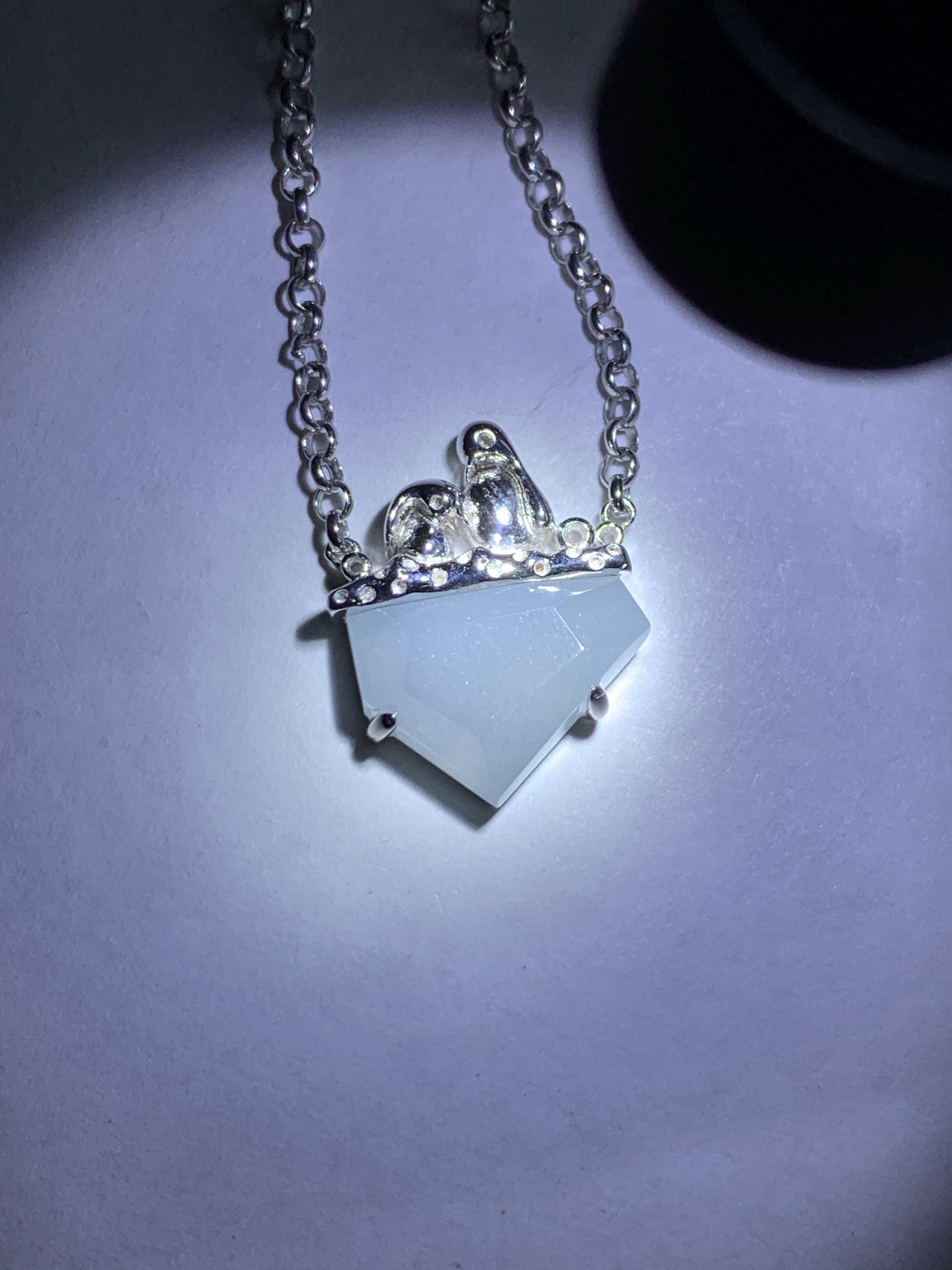 Certified Natural Grade A Guatemalan Icy Translucent Dusty Blue Jade Jadeite Glacier Necklace Sterling Silver 16-17.5” 天然冰危浅蓝紫翡翠冰川款镶嵌项链175
