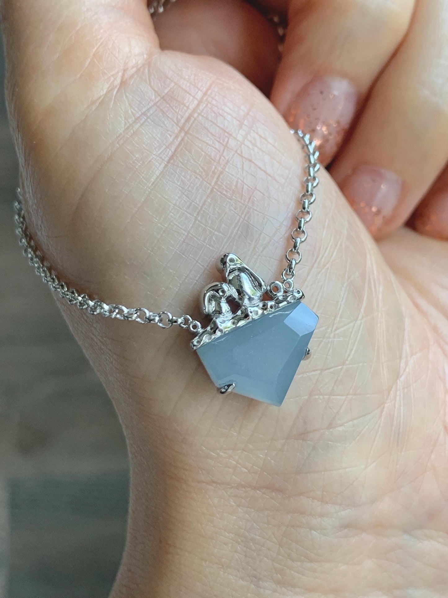 Certified Natural Grade A Guatemalan Icy Translucent Dusty Blue Jade Jadeite Glacier Necklace Sterling Silver 16-17.5” 天然冰危浅蓝紫翡翠冰川款镶嵌项链175