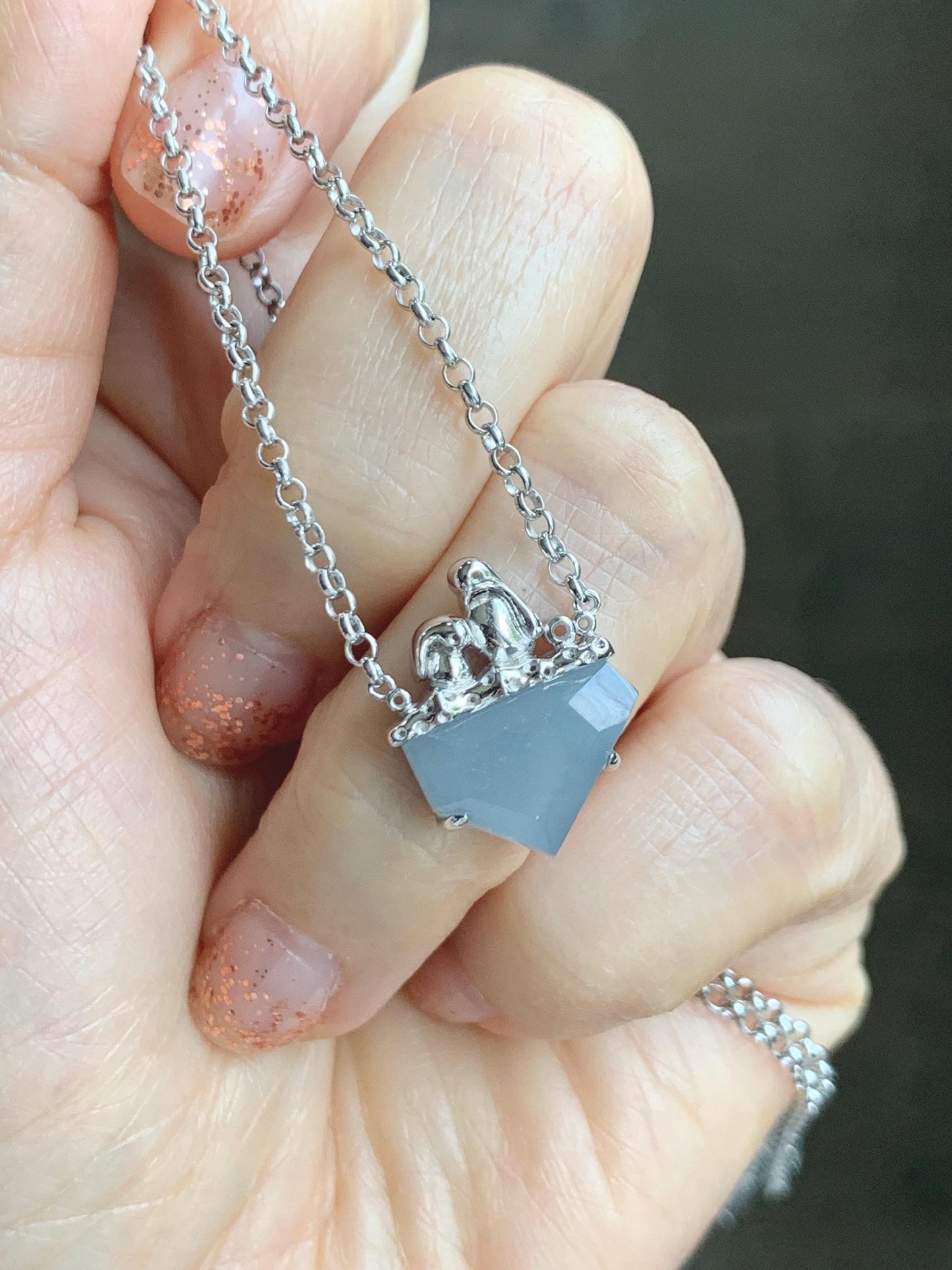 Certified Natural Grade A Guatemalan Icy Translucent Dusty Blue Jade Jadeite Glacier Necklace Sterling Silver 16-17.5” 天然冰危浅蓝紫翡翠冰川款镶嵌项链175