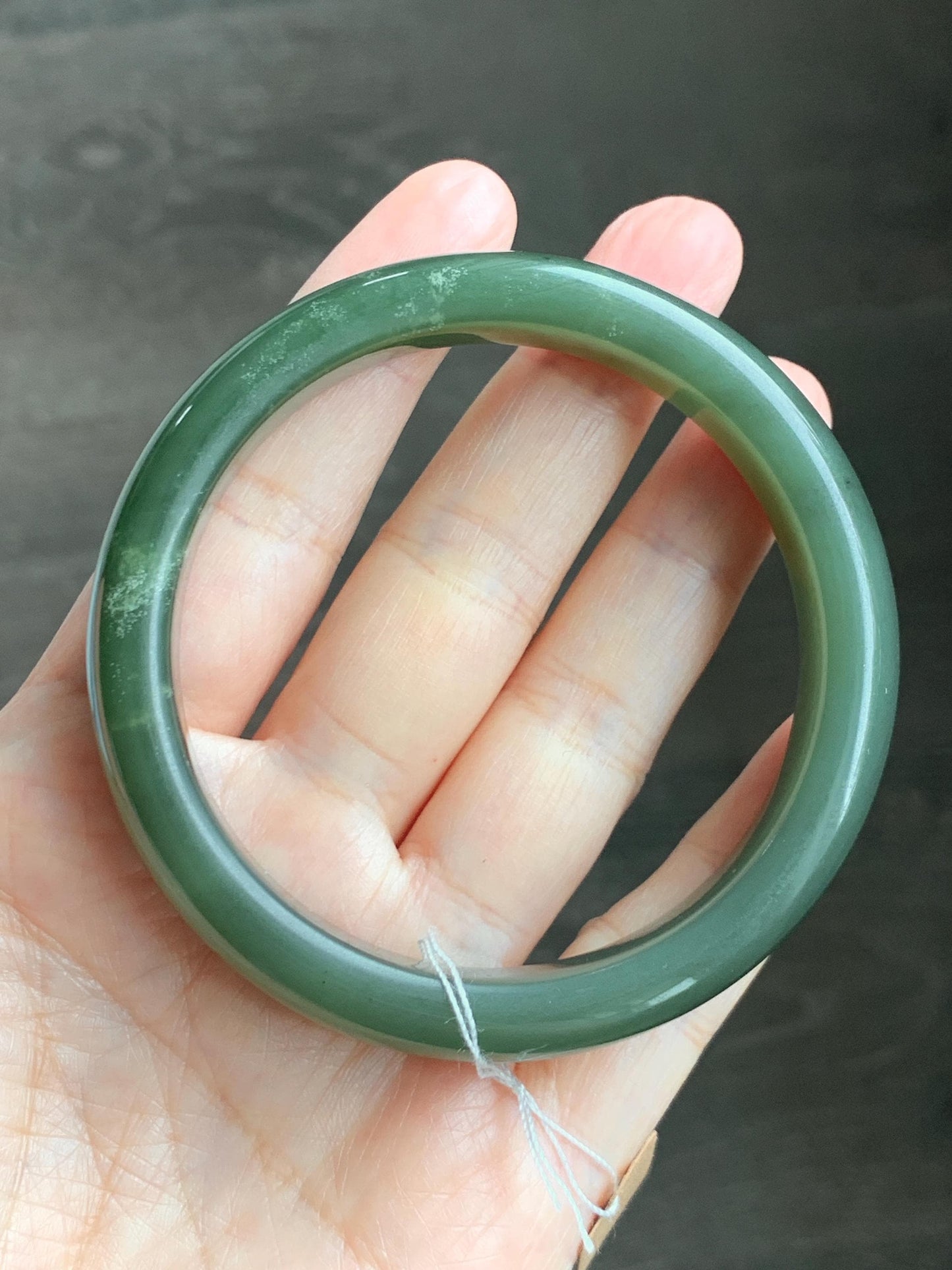 Certified Natural Nephrite Jade Translucent Dark Olive Green Bangle Bracelet 59mm 7.3” 56.23g 天然和田玉轮胎宽手镯 148