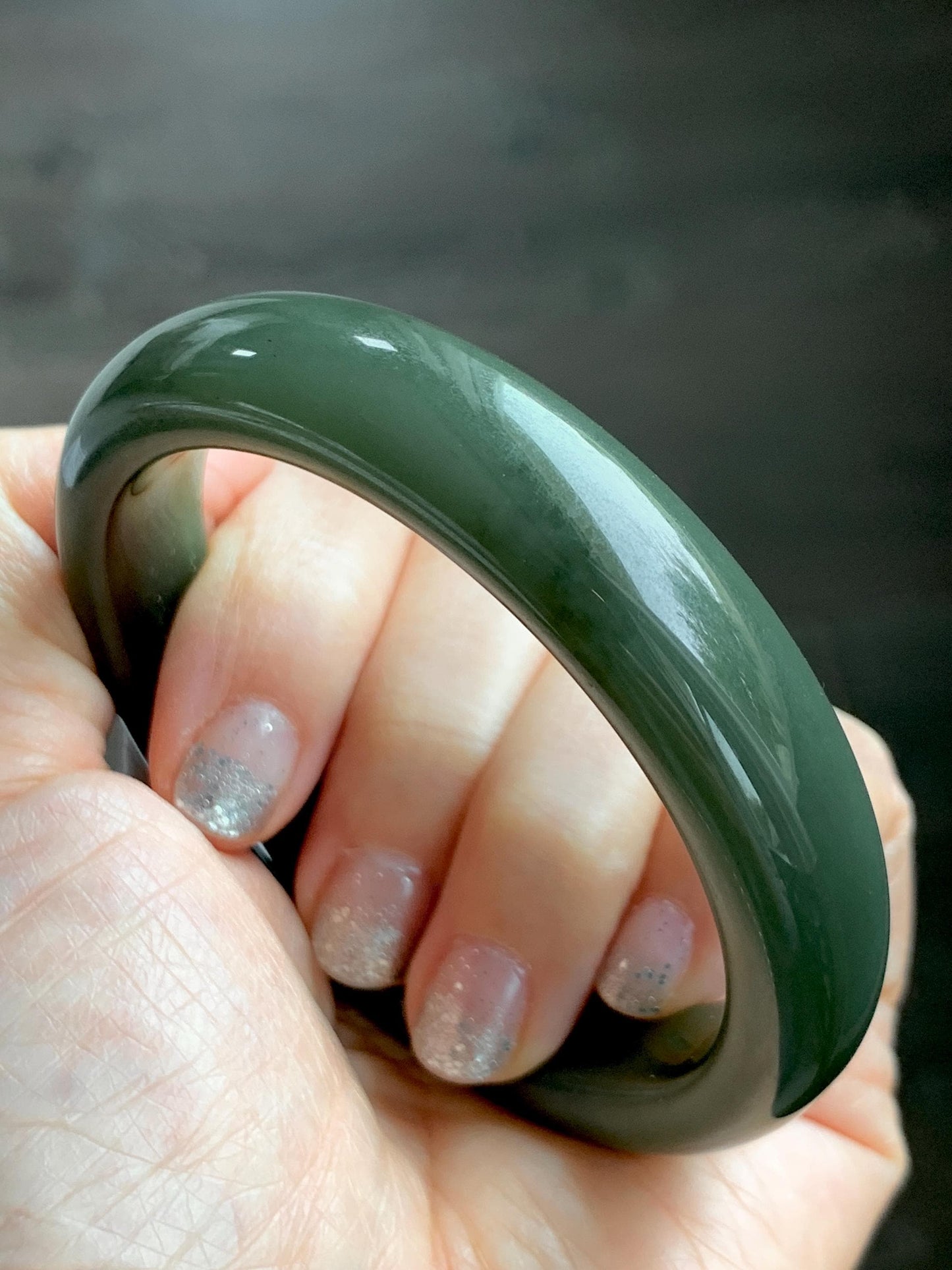 Certified Natural Nephrite Jade Translucent Dark Olive Green Bangle Bracelet 59mm 7.3” 56.23g 天然和田玉轮胎宽手镯 148