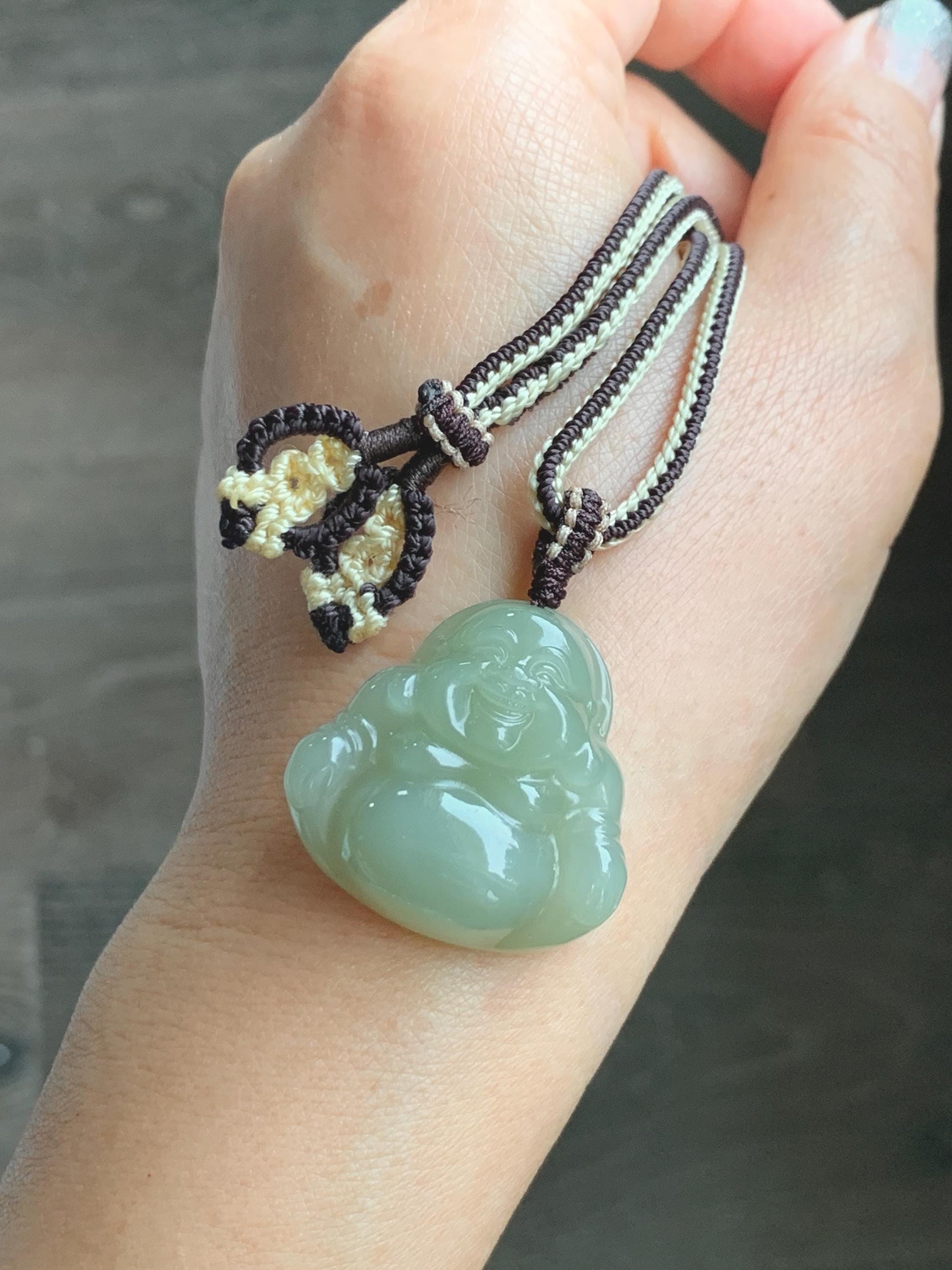 Certified Natural Nephrite Jade Icy Translucent Beige Large Buddha Pendant Rope Necklace Adjustable 28” 16g 天然和田玉冰糖黄佛公项链 158