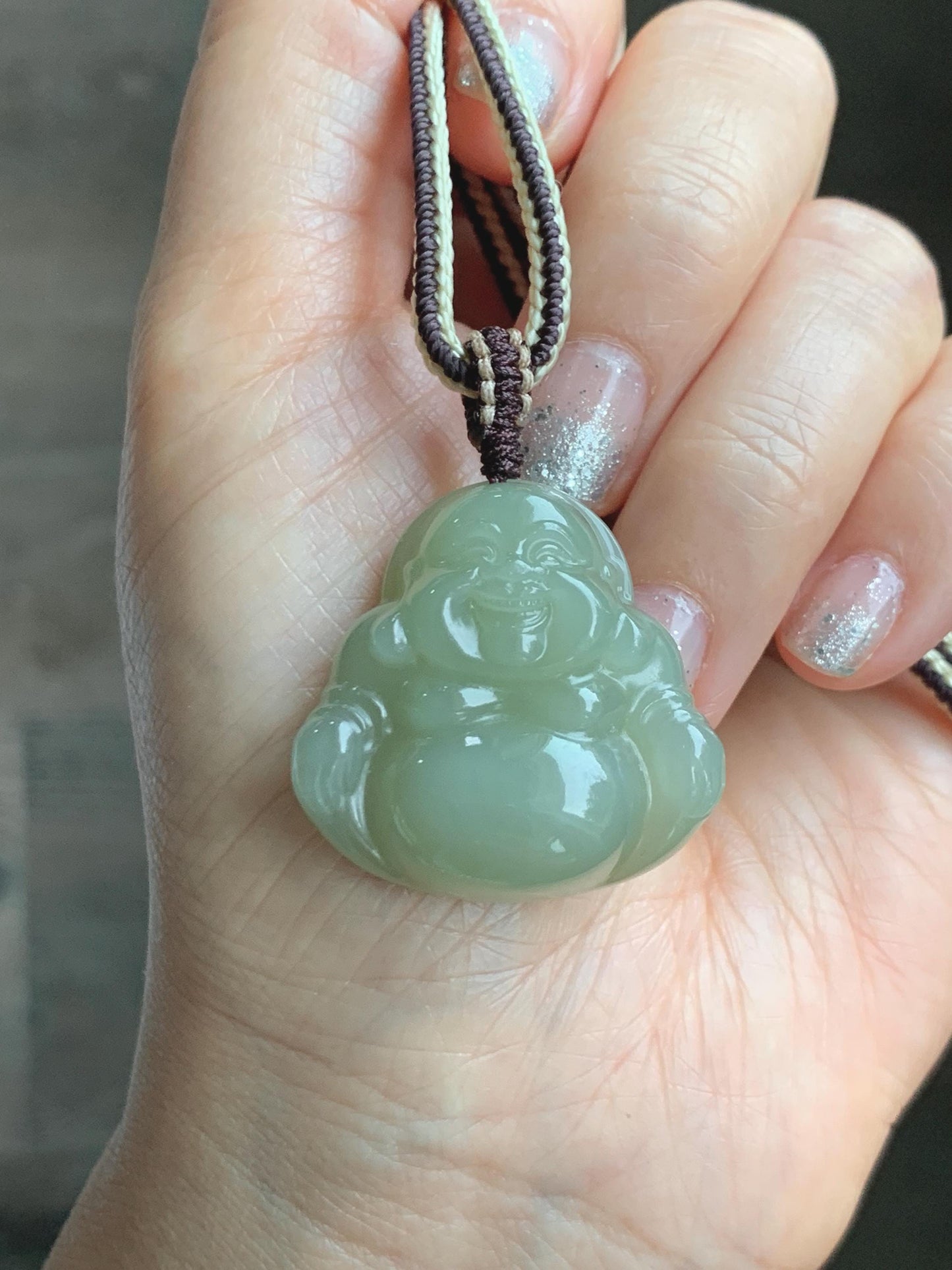 Certified Natural Nephrite Jade Icy Translucent Beige Large Buddha Pendant Rope Necklace Adjustable 28” 16g 天然和田玉冰糖黄佛公项链 158