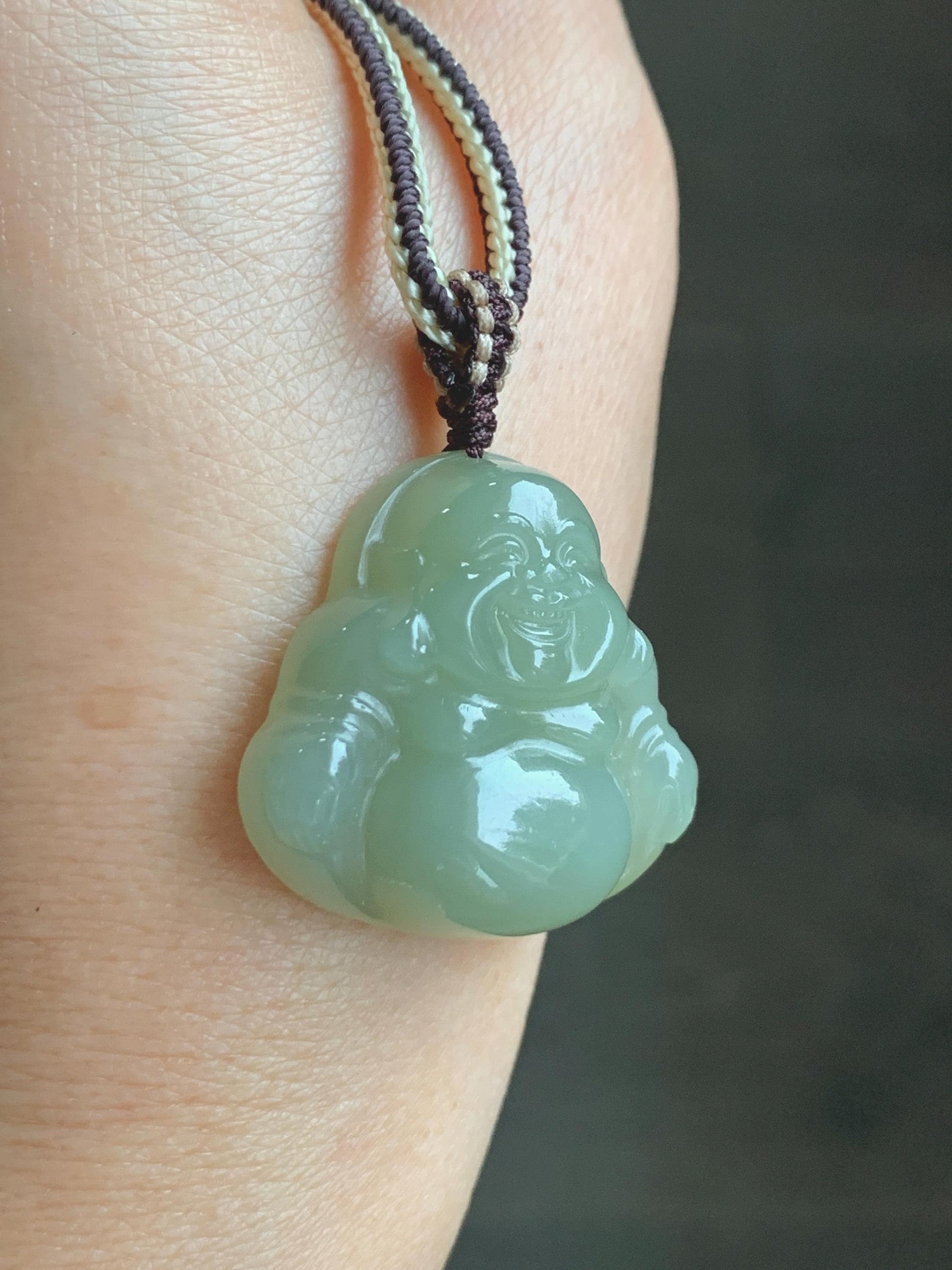 Certified Natural Nephrite Jade Icy Translucent Beige Large Buddha Pendant Rope Necklace Adjustable 28” 16g 天然和田玉冰糖黄佛公项链 158