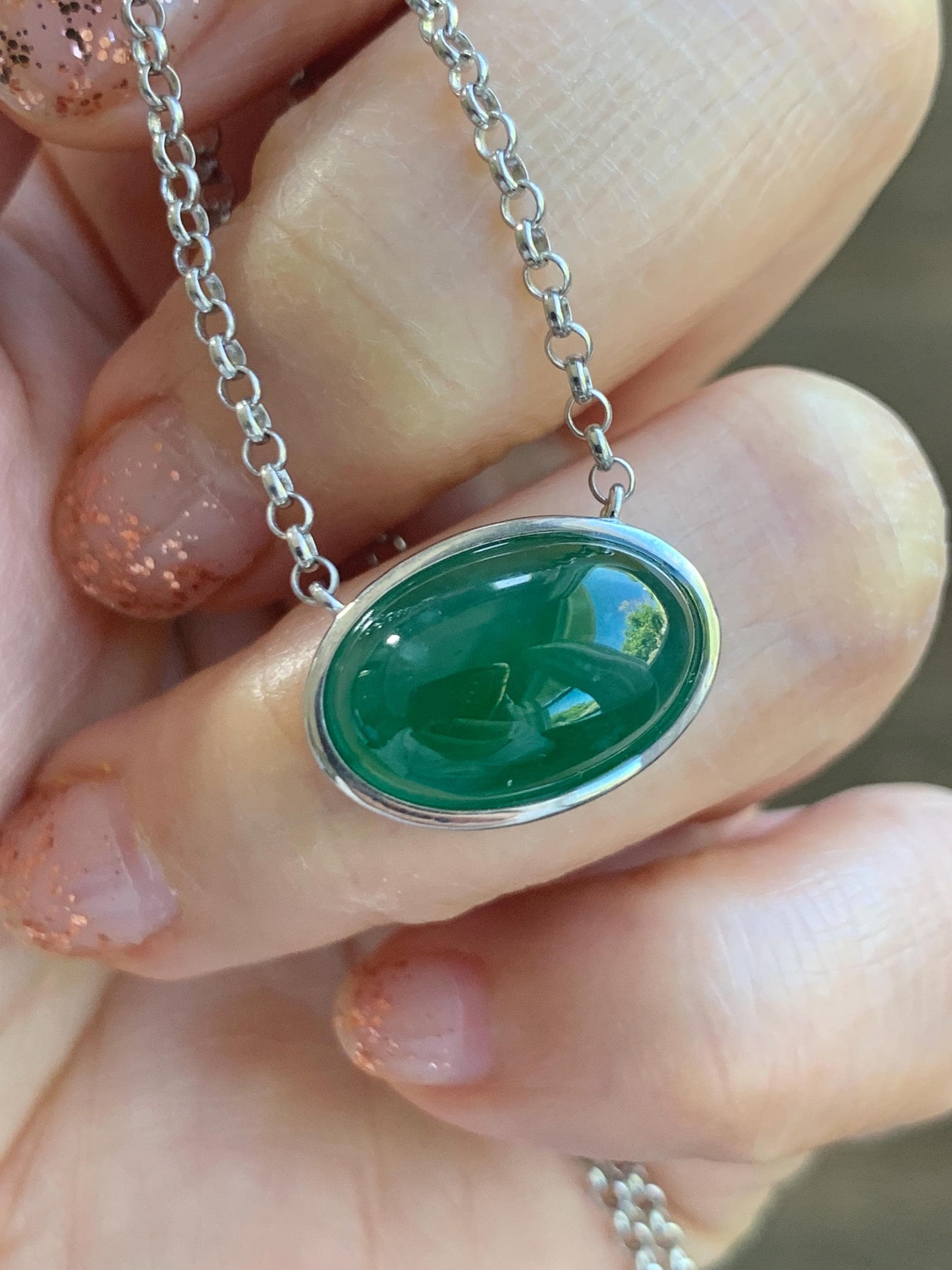 Certified Natural Grade A Guatemalan Icy Translucent Rich Green Jade Jadeite Solitaire Pendant Necklace Sterling Silver 天然冰危深绿翡翠大蛋面锁骨链 171