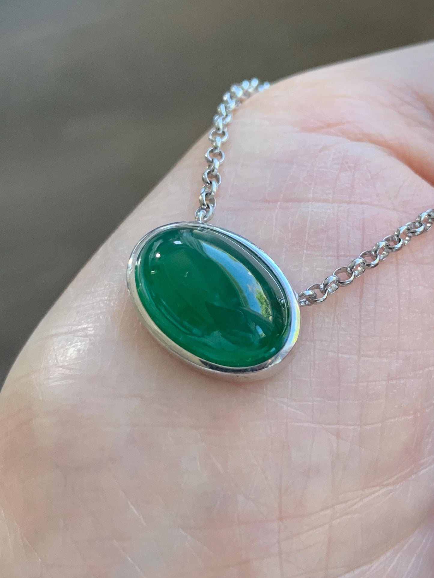 Certified Natural Grade A Guatemalan Icy Translucent Rich Green Jade Jadeite Solitaire Pendant Necklace Sterling Silver 天然冰危深绿翡翠大蛋面锁骨链 171