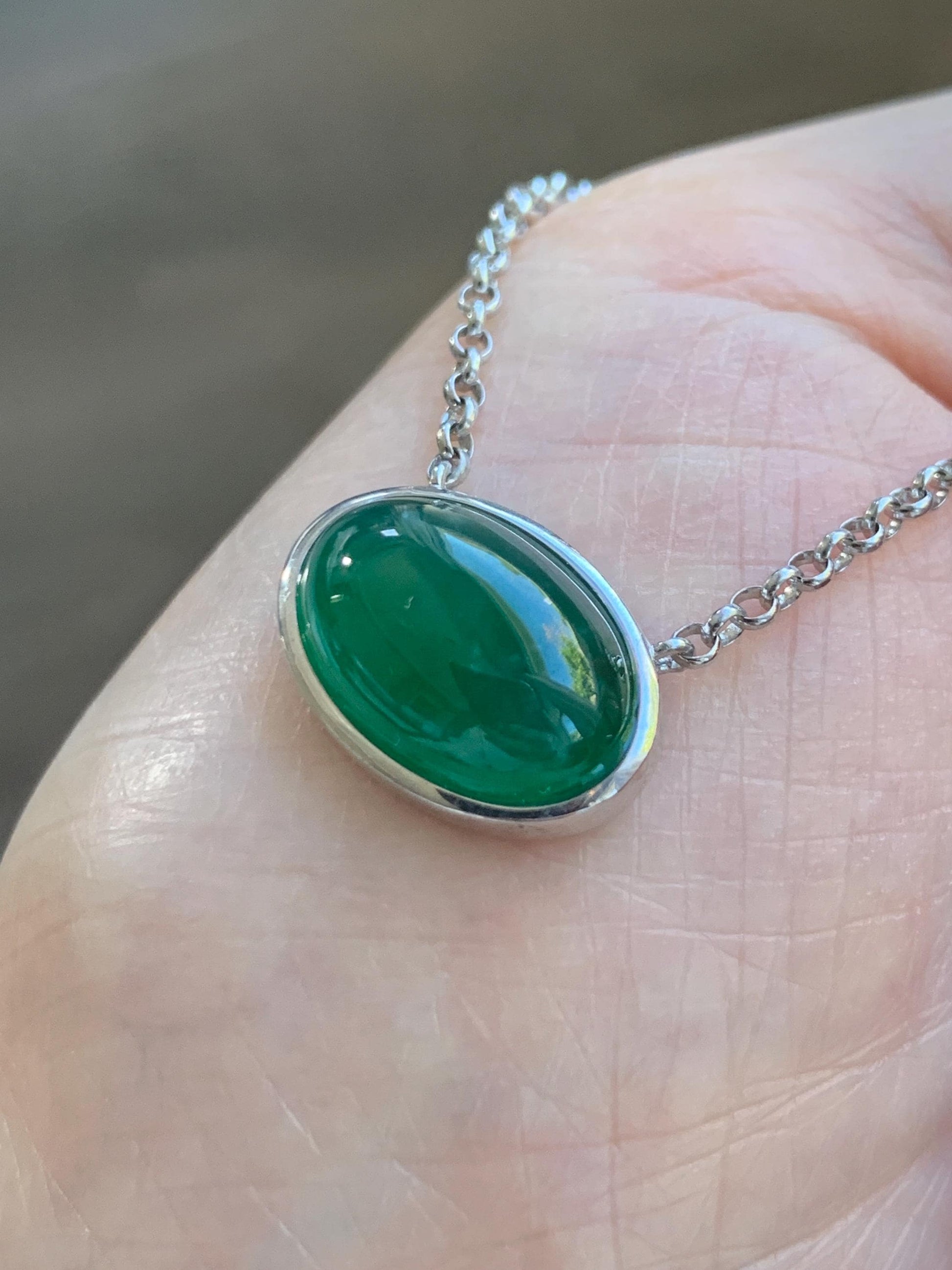Certified Natural Grade A Guatemalan Icy Translucent Rich Green Jade Jadeite Solitaire Pendant Necklace Sterling Silver 天然冰危深绿翡翠大蛋面锁骨链 171