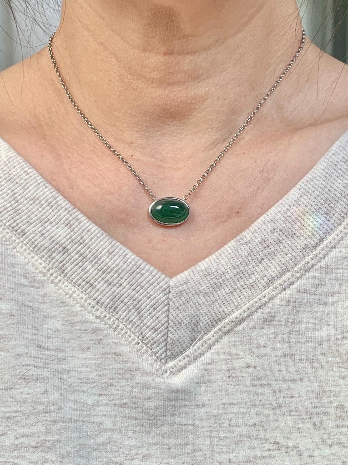 Certified Natural Grade A Guatemalan Icy Translucent Rich Green Jade Jadeite Solitaire Pendant Necklace Sterling Silver 天然冰危深绿翡翠大蛋面锁骨链 171