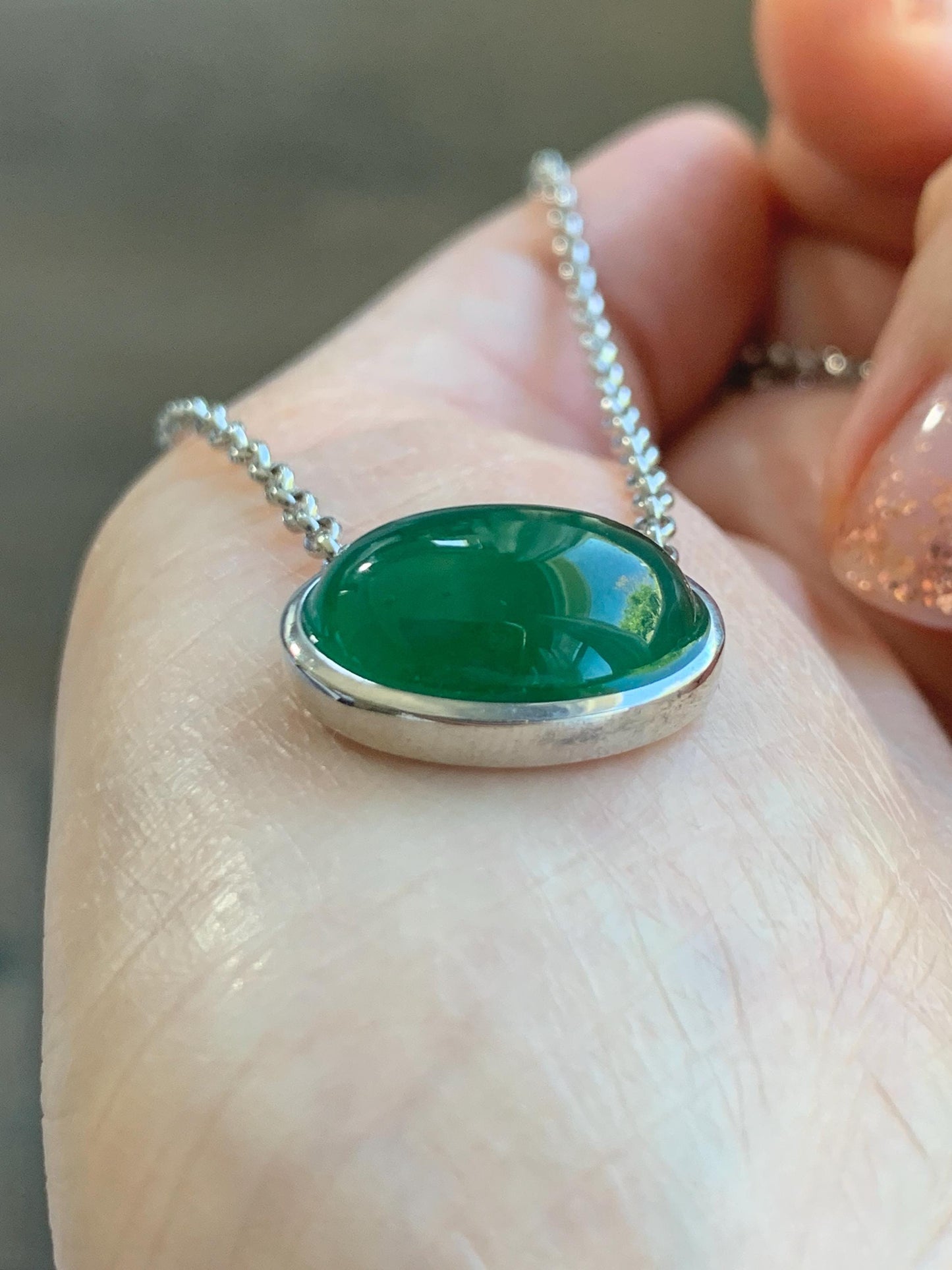 Certified Natural Grade A Guatemalan Icy Translucent Rich Green Jade Jadeite Solitaire Pendant Necklace Sterling Silver 天然冰危深绿翡翠大蛋面锁骨链 171