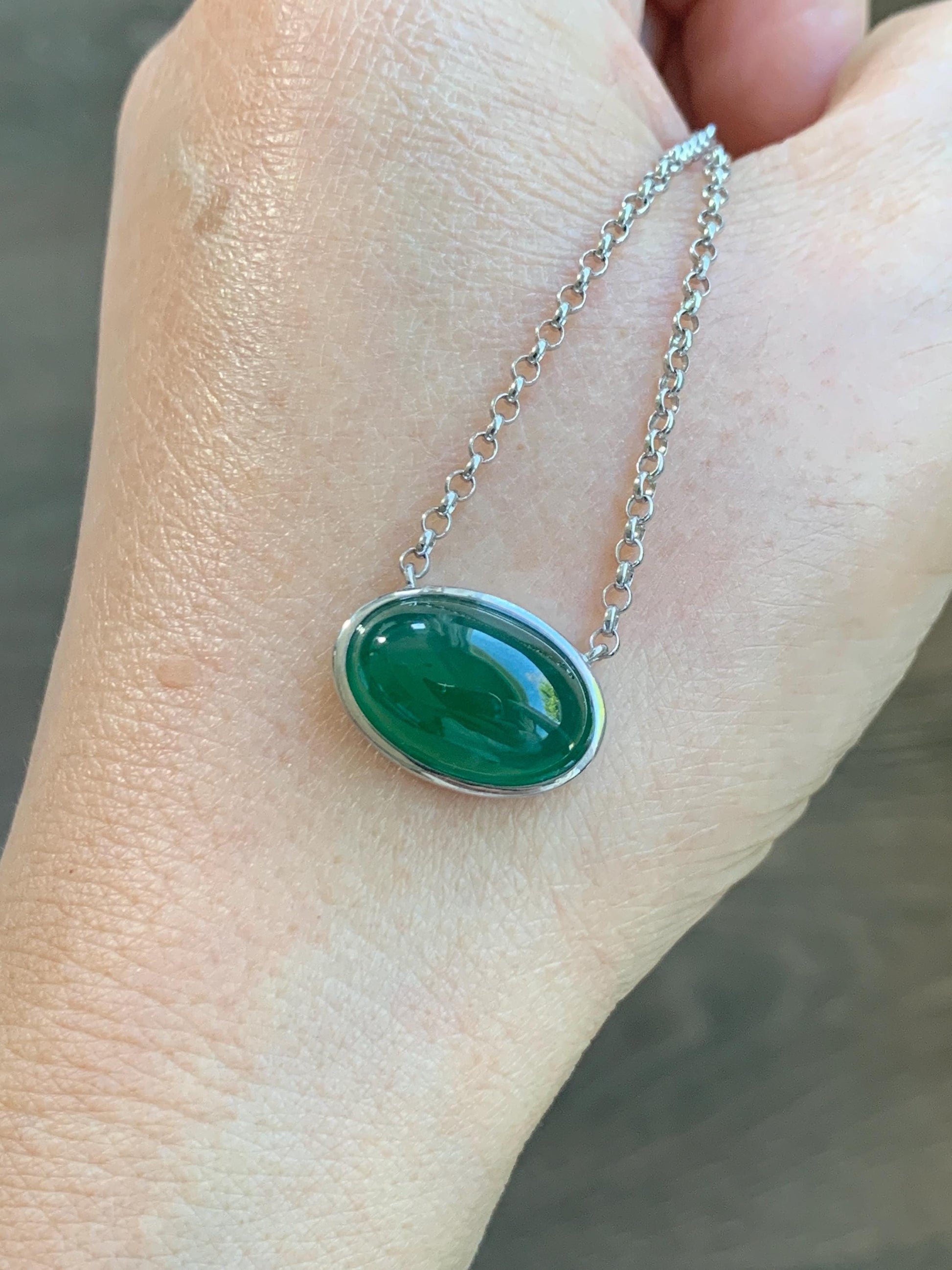Certified Natural Grade A Guatemalan Icy Translucent Rich Green Jade Jadeite Solitaire Pendant Necklace Sterling Silver 天然冰危深绿翡翠大蛋面锁骨链 171