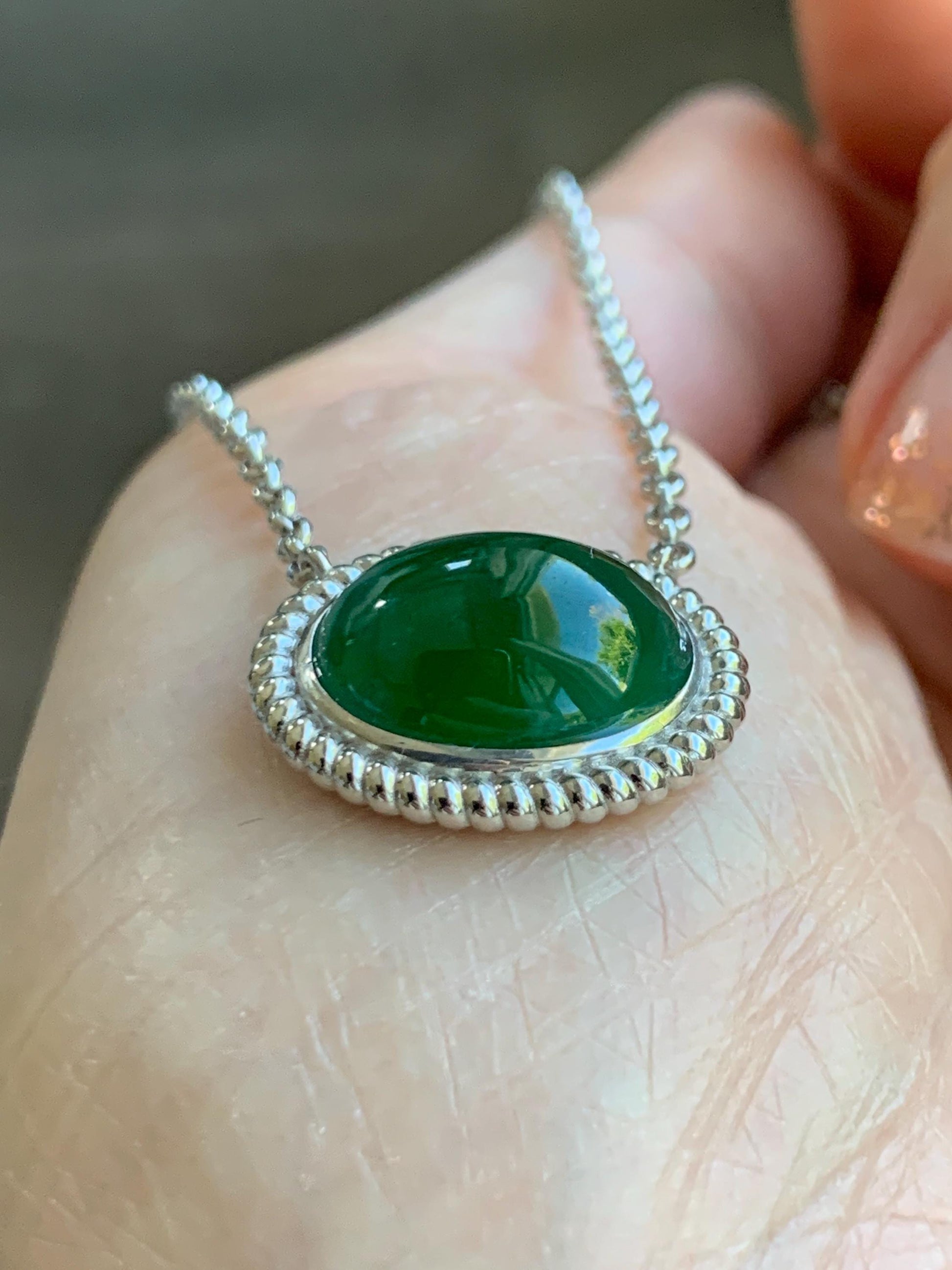 Certified Natural Grade A Guatemalan Icy Translucent Deep Green Jade Jadeite Solitaire Pendant Necklace Sterling Silver 天然冰危深绿翡翠大蛋面锁骨链 170