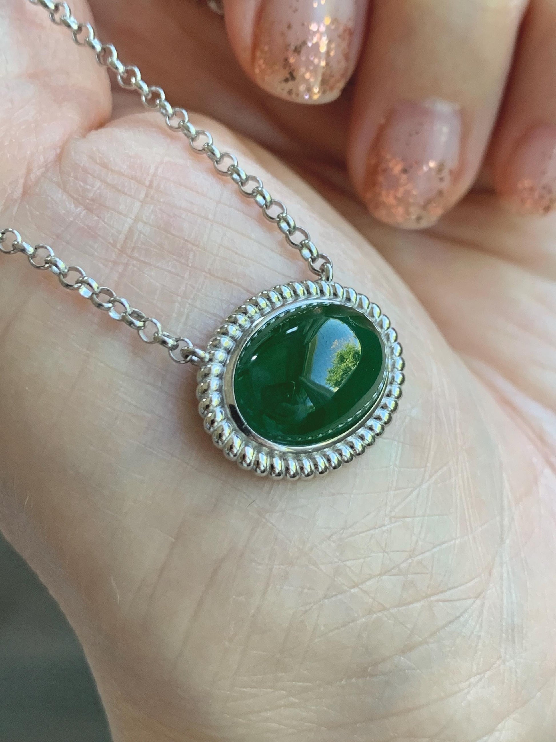 Certified Natural Grade A Guatemalan Icy Translucent Deep Green Jade Jadeite Solitaire Pendant Necklace Sterling Silver 天然冰危深绿翡翠大蛋面锁骨链 170