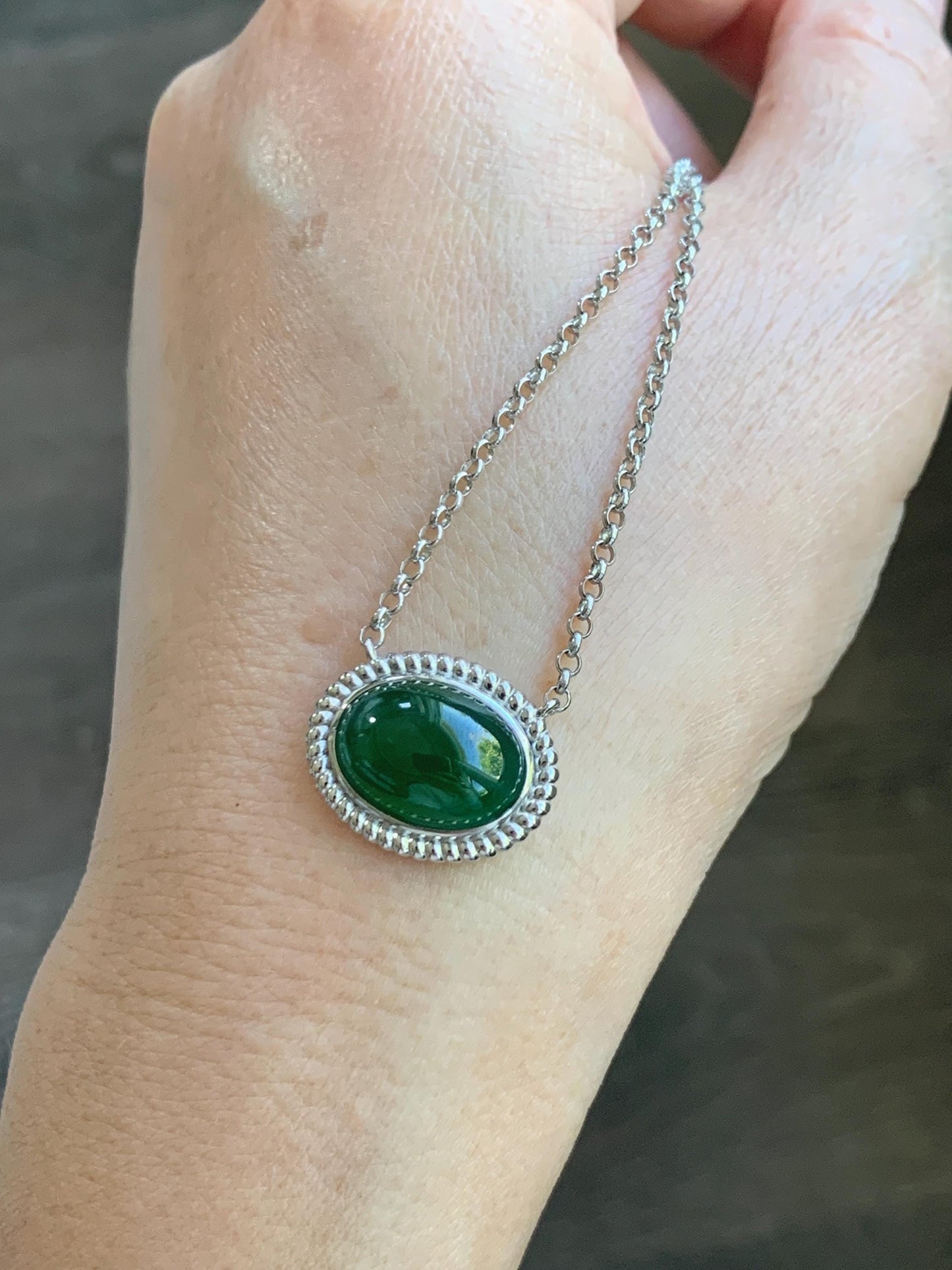 Certified Natural Grade A Guatemalan Icy Translucent Deep Green Jade Jadeite Solitaire Pendant Necklace Sterling Silver 天然冰危深绿翡翠大蛋面锁骨链 170