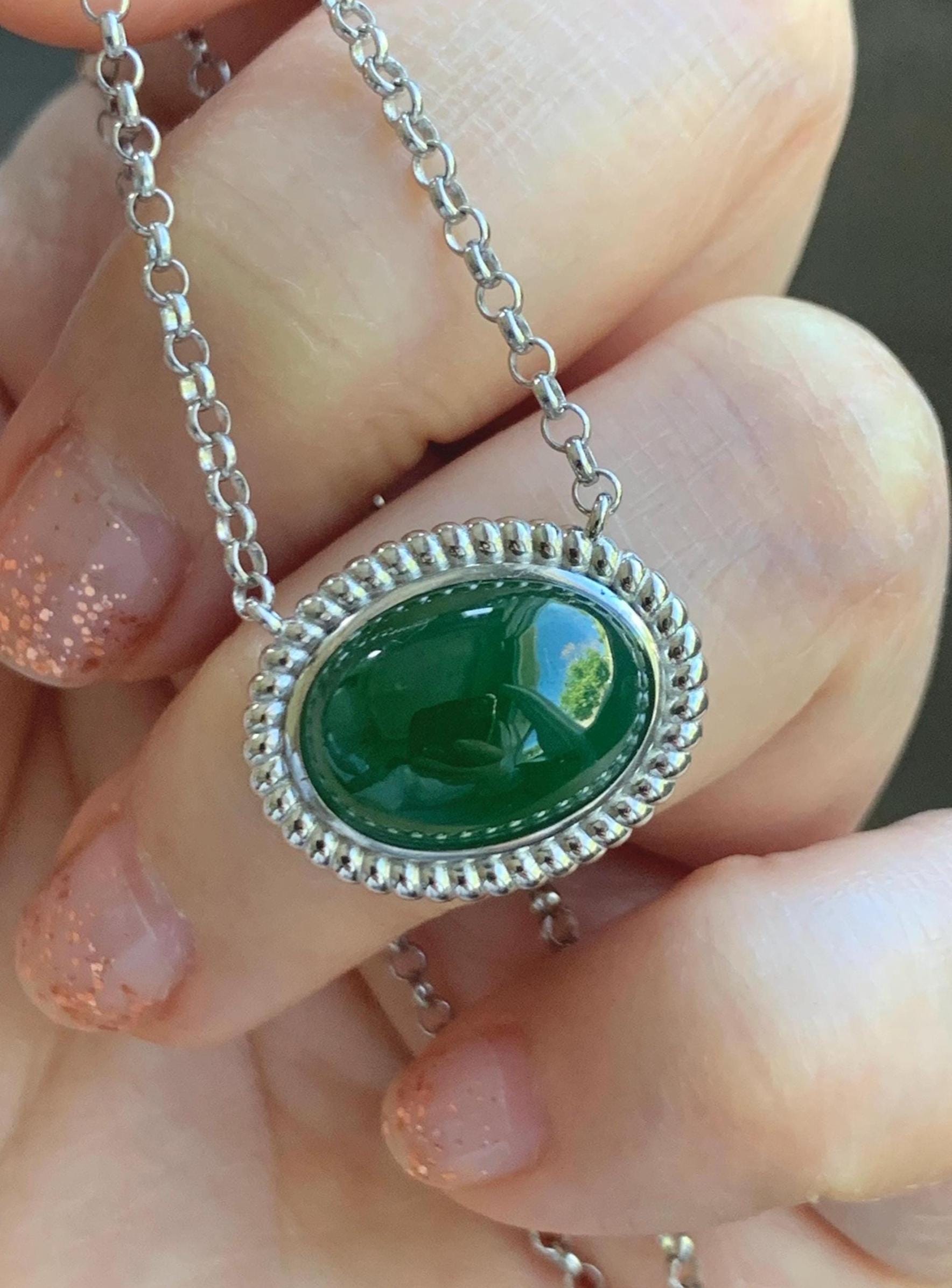 Certified Natural Grade A Guatemalan Icy Translucent Deep Green Jade Jadeite Solitaire Pendant Necklace Sterling Silver 天然冰危深绿翡翠大蛋面锁骨链 170