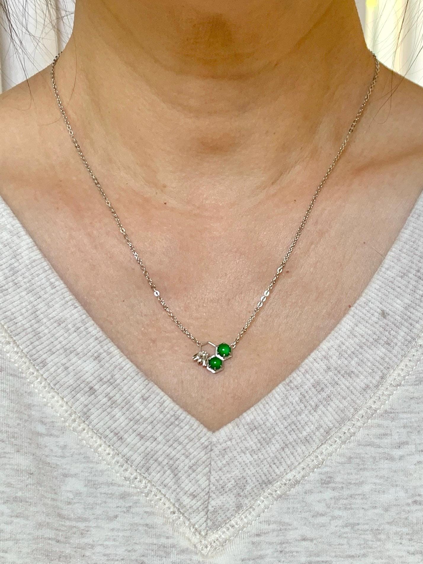 Certified Natural Grade A Guatemalan Icy Translucent Vibrant Green Jadeite Honeycomb Necklace Sterling Silver Adjustable 天然冰危绿翡翠蜂巢镶嵌项链 487