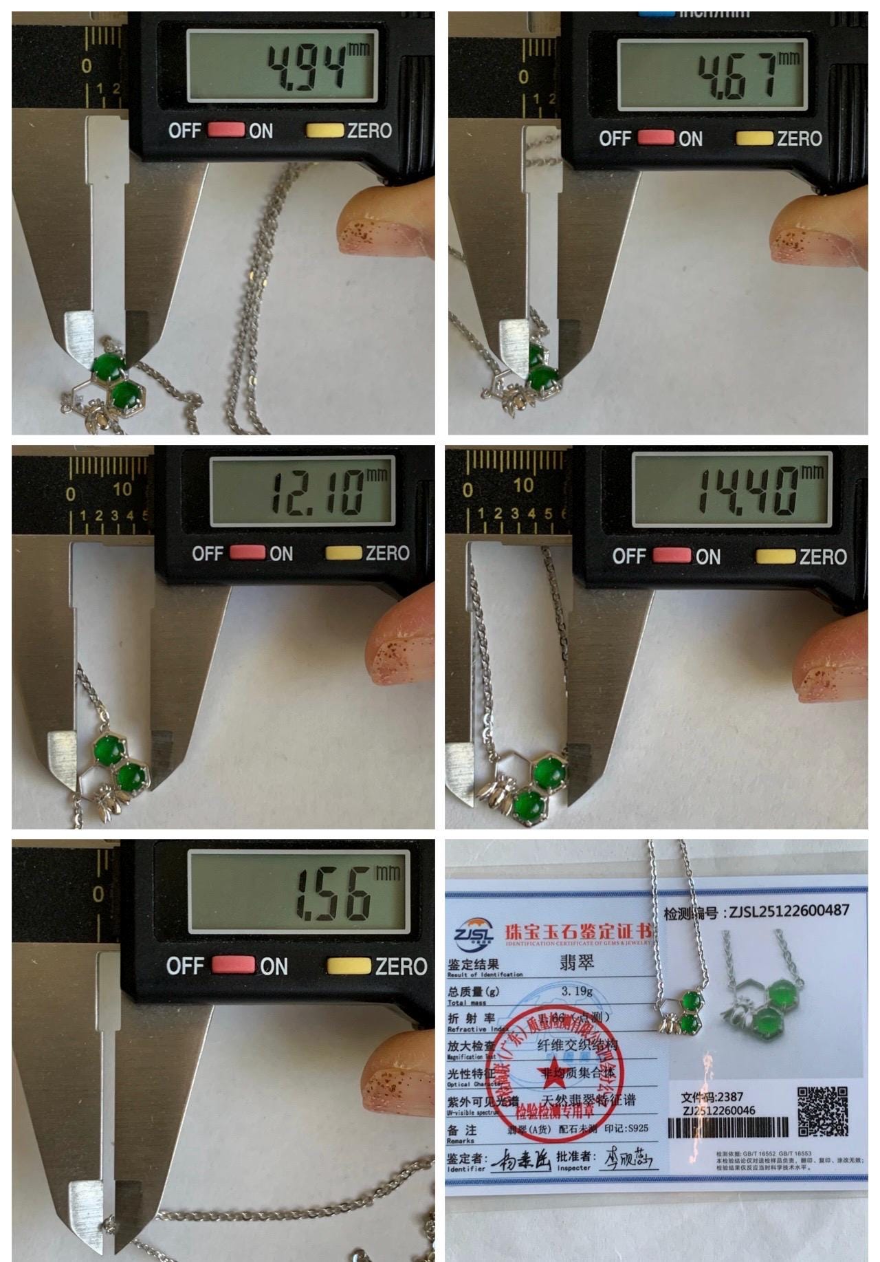 Certified Natural Grade A Guatemalan Icy Translucent Vibrant Green Jadeite Honeycomb Necklace Sterling Silver Adjustable 天然冰危绿翡翠蜂巢镶嵌项链 487