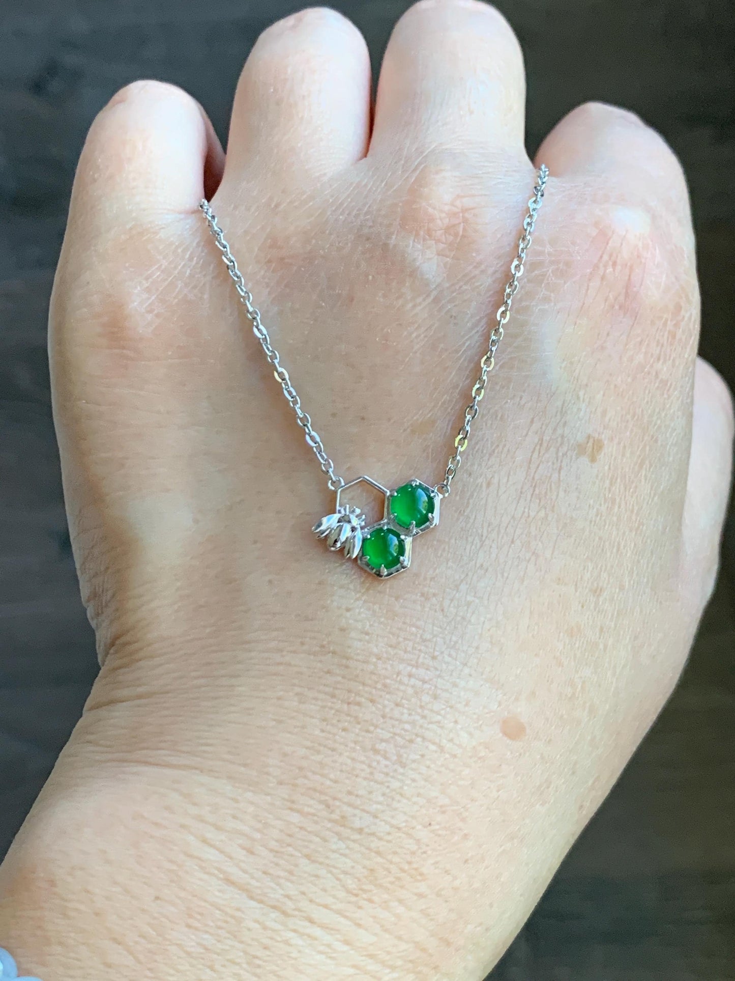 Certified Natural Grade A Guatemalan Icy Translucent Vibrant Green Jadeite Honeycomb Necklace Sterling Silver Adjustable 天然冰危绿翡翠蜂巢镶嵌项链 487