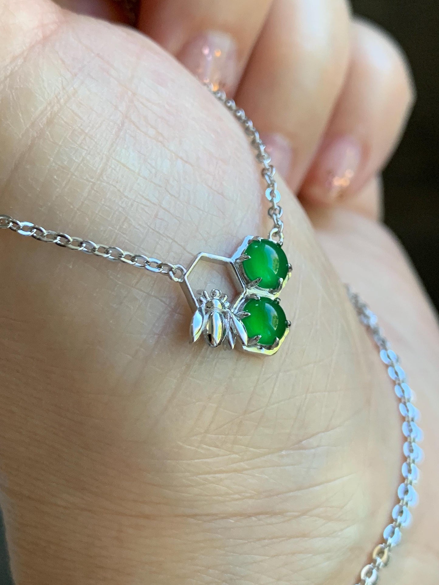 Certified Natural Grade A Guatemalan Icy Translucent Vibrant Green Jadeite Honeycomb Necklace Sterling Silver Adjustable 天然冰危绿翡翠蜂巢镶嵌项链 487